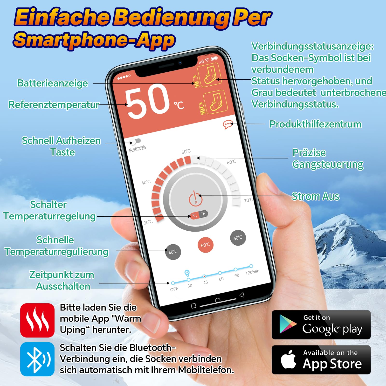 Beheizbare Socken mit Akku 5V 10000mAh Wiederaufladbare Steuerbar über App Elektrisch Heizsocken für Damen Herren, Fußwärmer Unisex Beheizte Socken für Skifahren/Radfahren/Angeln/Jagd/Camping (XL)