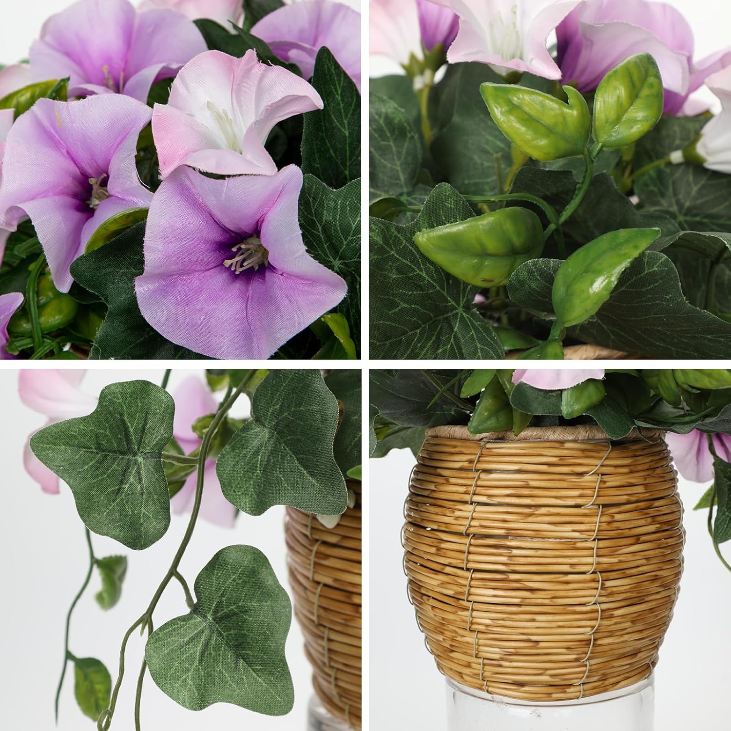 Briful Artificial Flower Arrangements for Tables Fake Potted Morning Glory Silk Flowers with Rattan Basket Faux Floral Centerpiece for Home Office Bedroom Wedding Party Decor(White Purple)