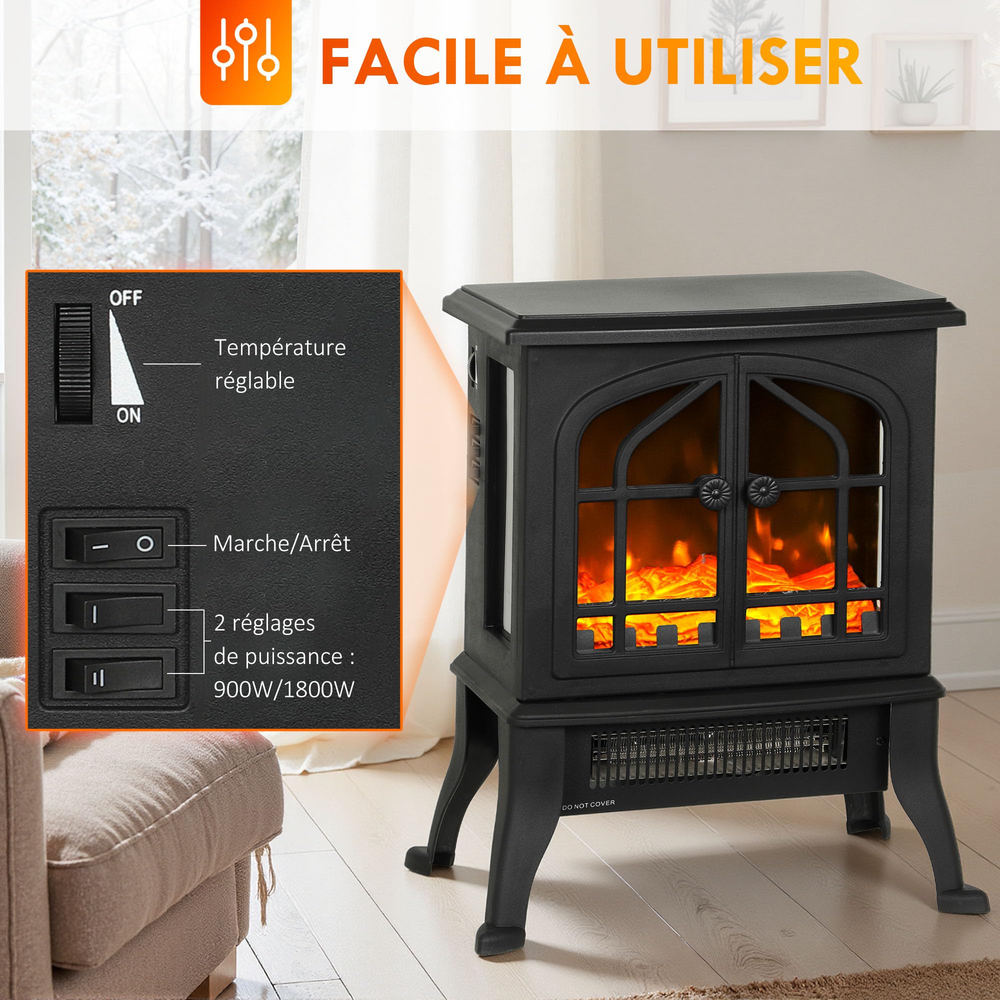 HOMCOM Cheminée électrique avec Effet Flamme 3D 1800/900 W sur Pied Noir