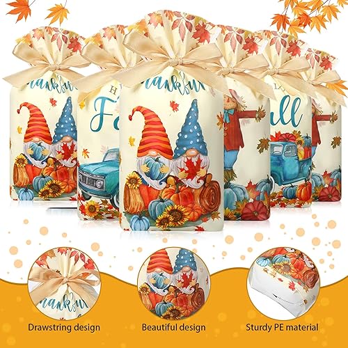 Miniatura 3 de Qeeenar 60 bolsas de plástico para regalo de Acción de Gracias, pequeñas bolsas de regalo con cordón para otoño, color azul, hojas de arce,