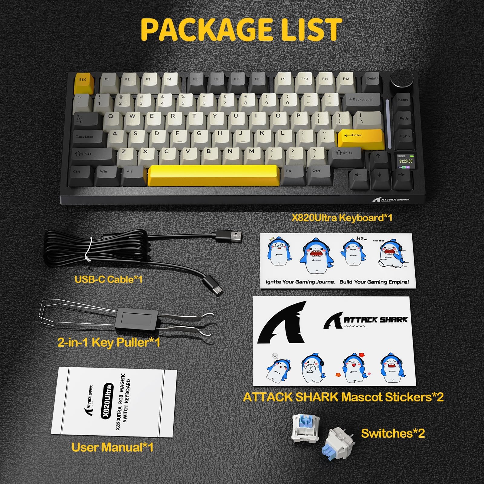 ATTACK SHARK X820 Ultra Clavier Mécanique sans Fil avec Écran TFT Intelligent & Molette, Clavier Gaming 75% Hot-Swappable, BT/2,4G/Câblé, LED RGB Orientation Sud, Touches PBT (Noir–Shark Switch)