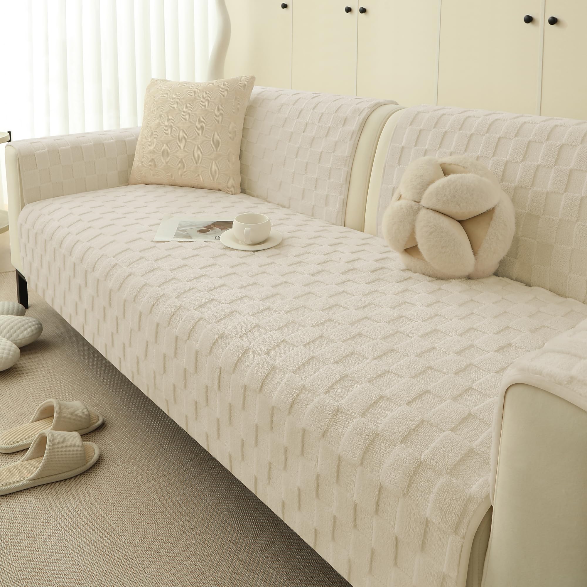 Foxdecor Couch Covers for 3 Cushion Couch Sofa Pet Friendly, Funny Fuzzy Pet Couch Covers, Anti Slip Sofa Covers Dog Cover for Couch Protector. (Cream