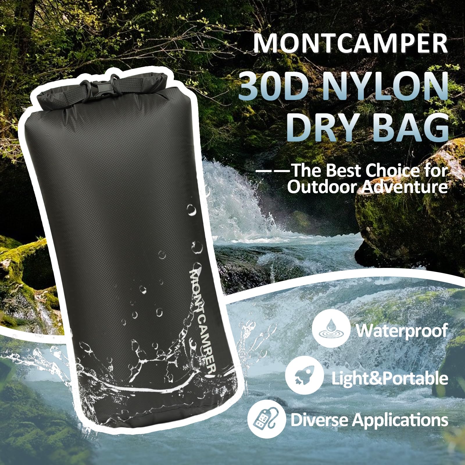 Bolsa seca impermeable de 20 L, nailon 30D, con revestimiento de poliuretano, almacenamiento ligero resistente al agua para kayak, camping, senderismo, pesca y playa (negro)