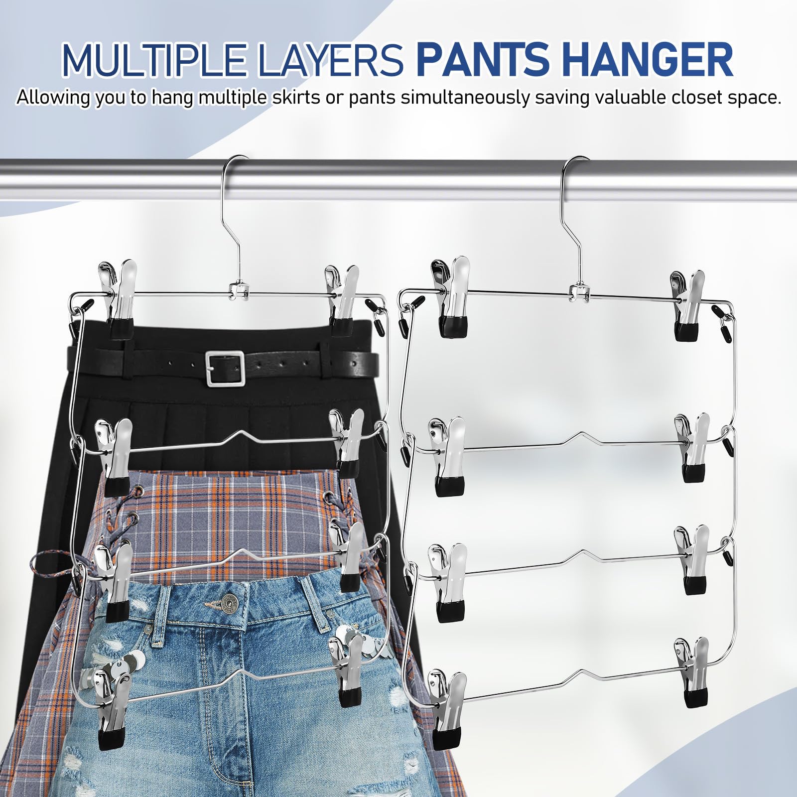 USHOBE 4 Pezzi Appendini Gonne e Pantaloni Salvaspazio in Acciaio ad Alto Manganese con Clip Antiscivolo Design Multistrato per Organizer Armadio