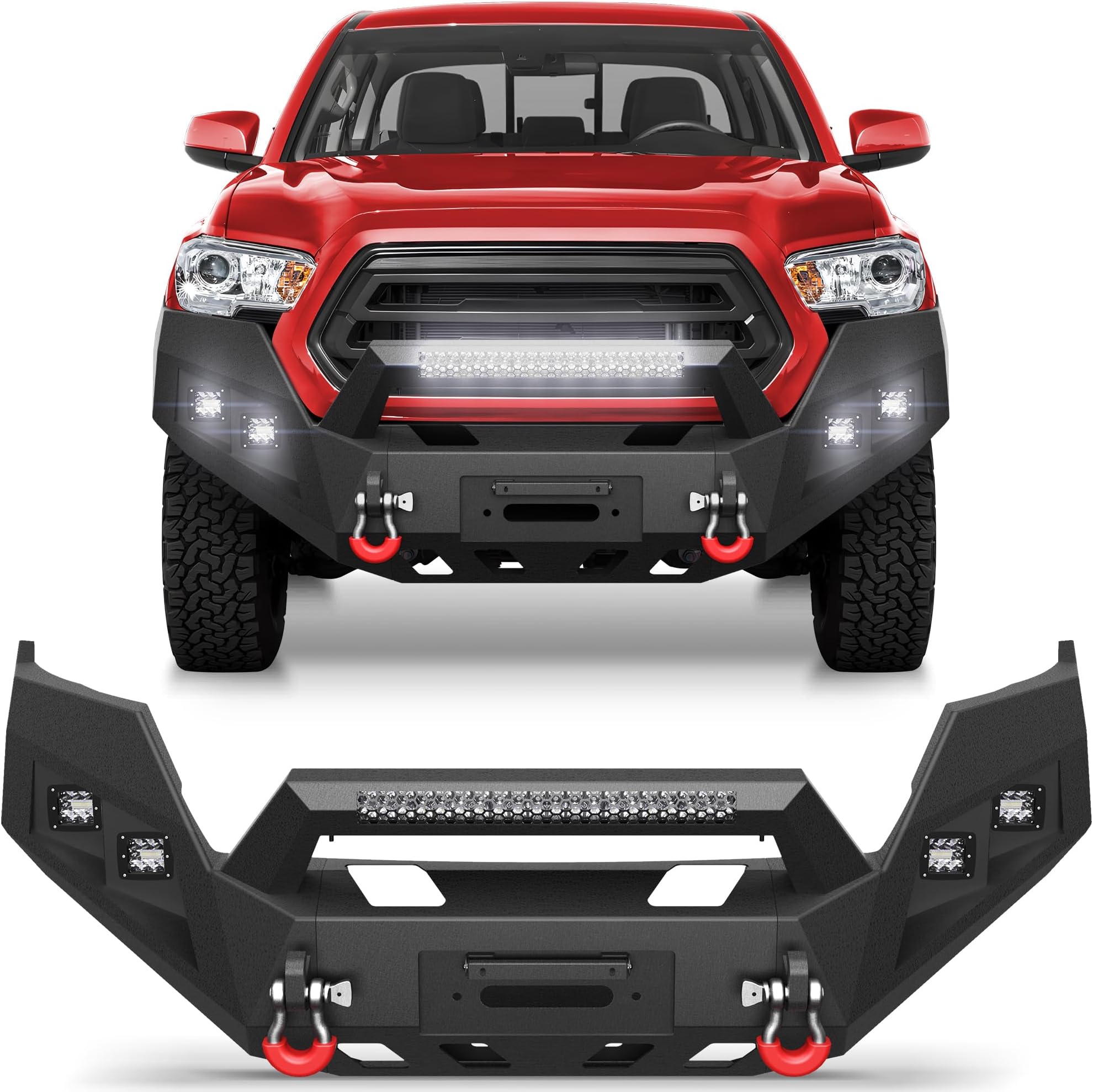 Tacoma Front Bumper, Compatible with 3rd Gen Tacoma 2016-2023, Full-Width Textured Black Solid Steel Pickup Truck Bumper with Winch Plate, Lights, D-rings, License Plate Bracket