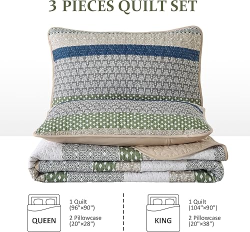 Miniatura 10 de WONGS BEDDING Juego de edredón bohemio tamaño Queen, juego de edredón de rayas bohemias de 3 piezas, juego de edredón acolchado de microfibra ligera