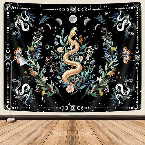 Miniatura 9 de Tapiz vertical estético bohemio con diseño floral de mariposa, fase lunar, sol, luna, lindo tapiz vintage botánico de plantas de hadas, tapiz para