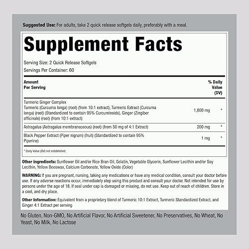 Miniatura 2 de Piping Rock Suplemento de cúrcuma y jengibre de 1800 mg | 120 cápsulas blandas | con extracto de pimienta negra | Complejo de extracto de hierbas |