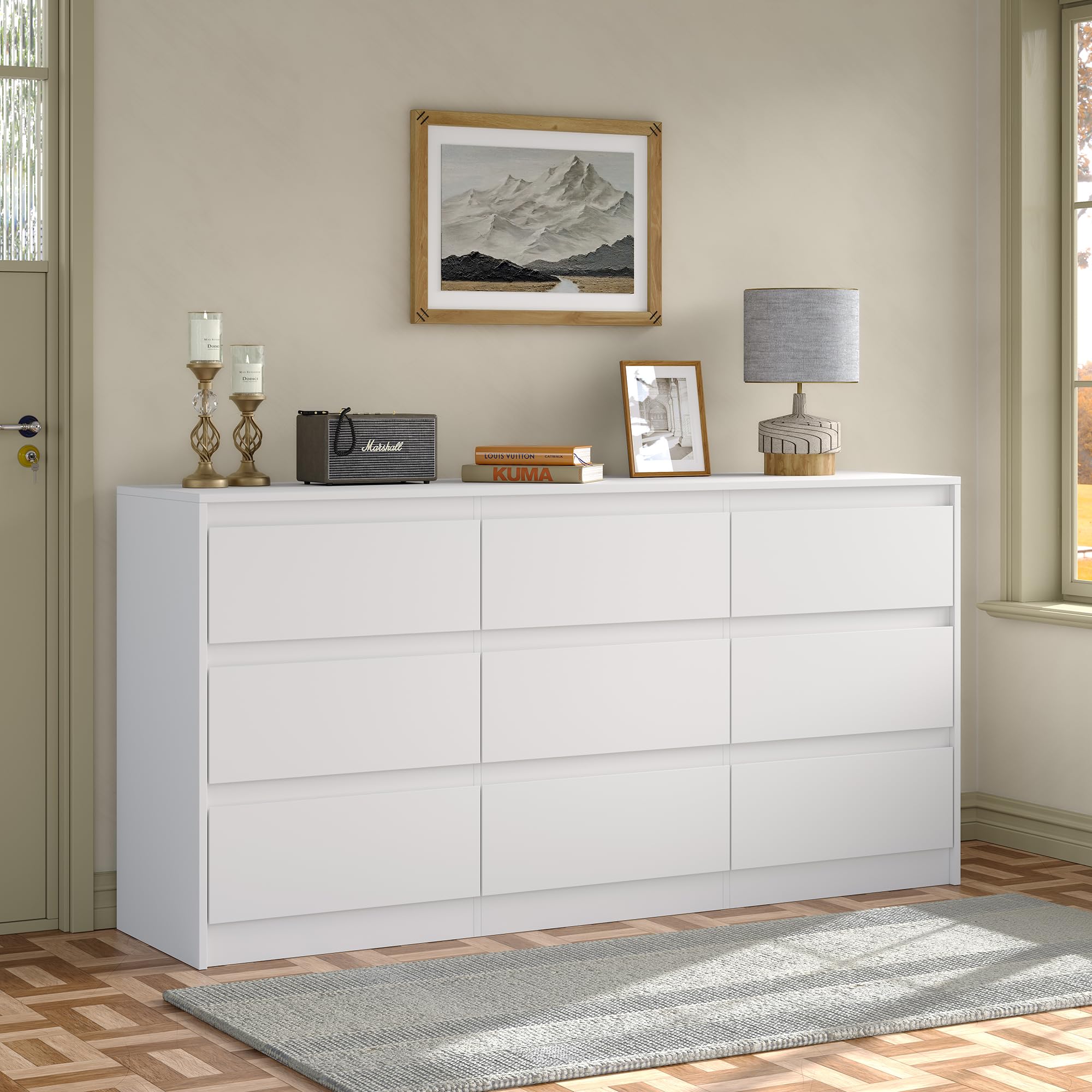 Furniouse Modern 9 Large Storage Drawers Dresser for Clothes Organizer, White Modern Chest of Drawers for Closet,63" Long Drawer Organizer Cabinet for Bedroom,Living Room,Entryway,Hallway White 15.6"D x 63"W x 31.5"H (9 Drawers)