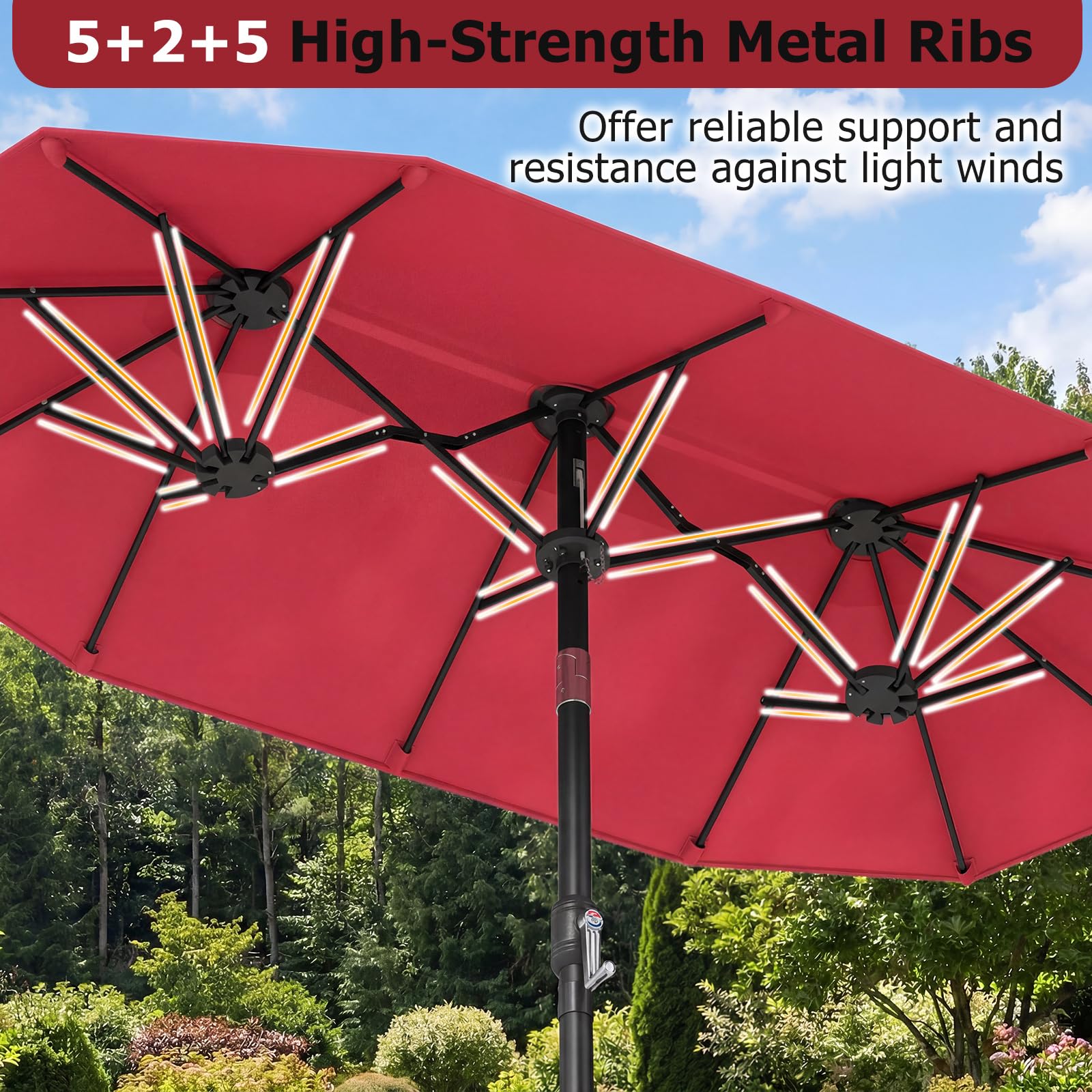 FANTASK Doppelsonnenschirm, 300x150cm, Gartenschirm knickbar mit Kurbel, Doppel Sonnenschirm, Marktschirm, Terrassenschirm für Garten, Terrasse, Balkon (Rot)