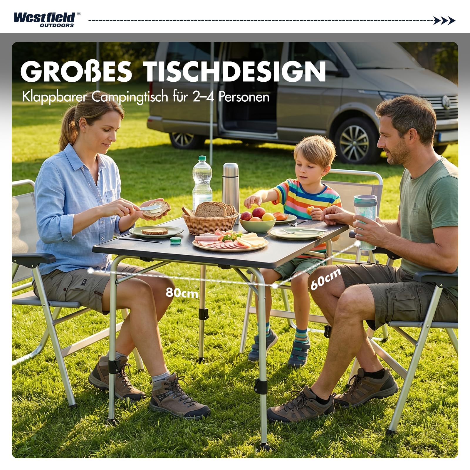 Westfield Outdoors Viper 80 Campingtisch, höhenverstellbarer Gartentisch, 80 x 60 cm Tischplatte für 2-4 Personen, strapazierfähig und pflegeleicht, faltbar, für Camping, Garten und Wohnwagen