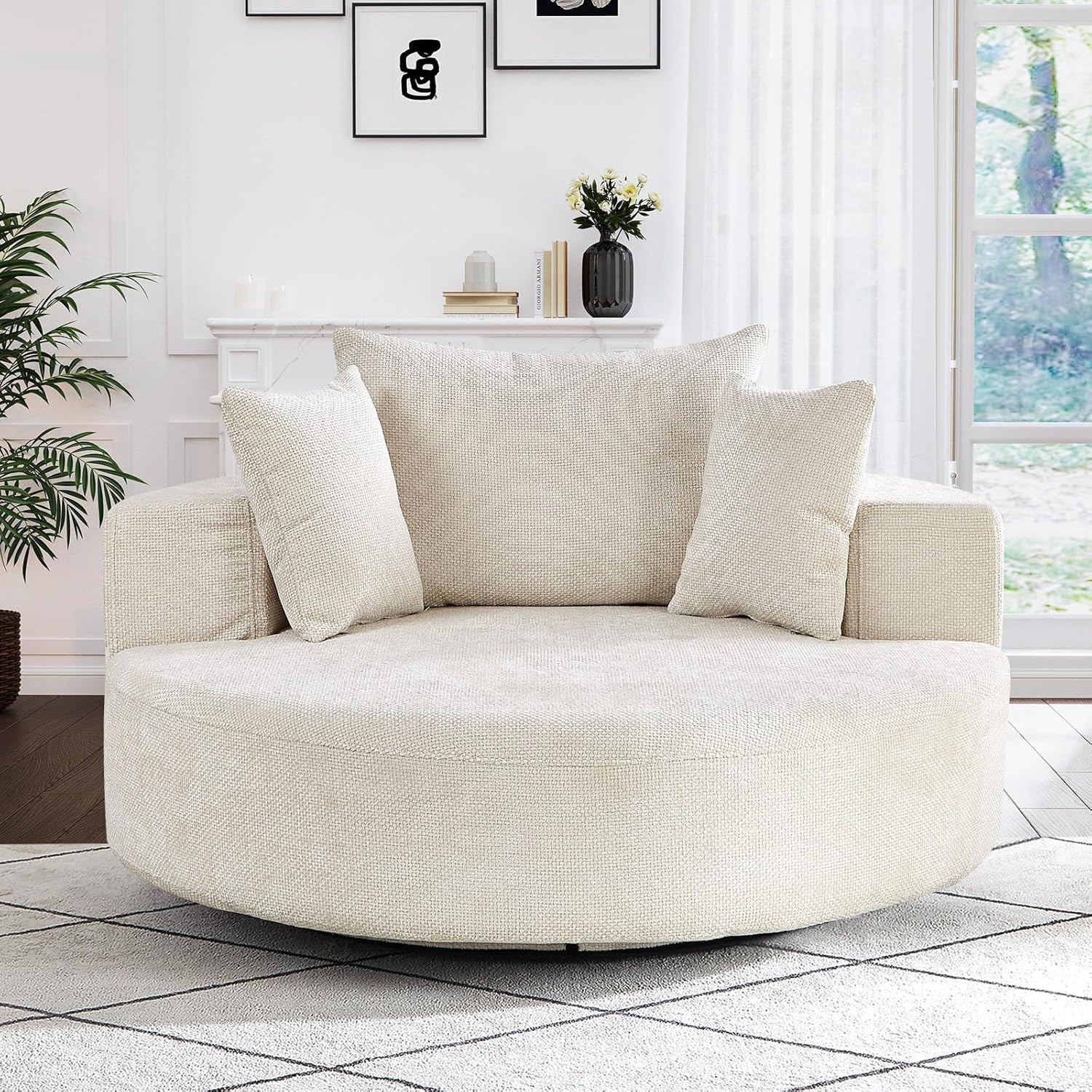 Oversized Round Swivel Chaise Longue Chair Indoor, Modern 55-inch 360 Degree Swivel Upholstered Chenille Deep Seat Circle Single Cloud Sofa Chair for Living Room, Bedroom Apartment, Office, Beige