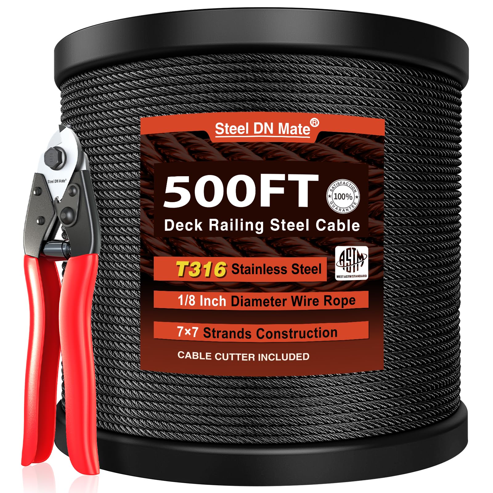 Steel DN Mate 500ft Black Wire Rope 1/8" T316L Marine Grade Stainless Steel Cable 7 × 7 Strands for Stair Fence Deck Cable Railing System, with Heavy