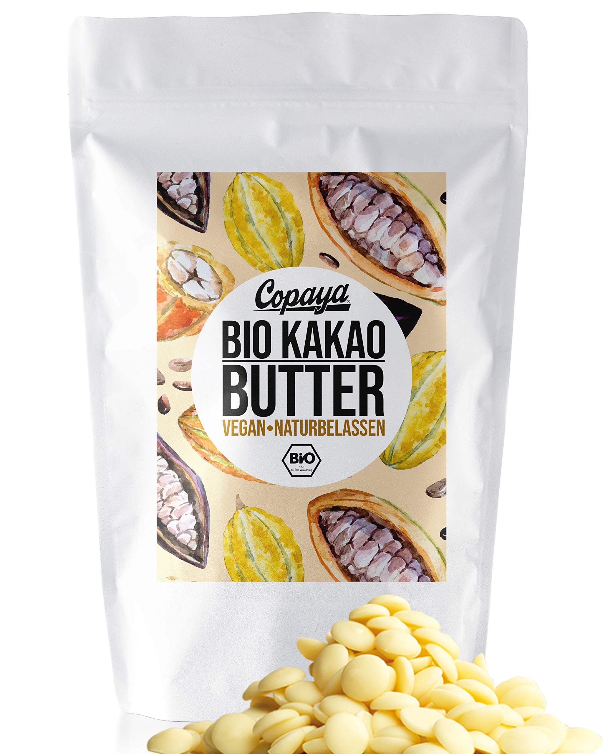Copaya Bio Roh Kakaobutter, Kakao Butter Chips (Wafers) vom Criollo Kakao aus ungerösteten Edelkakaobohnen vegan in Rohkostqualität (1000g)
