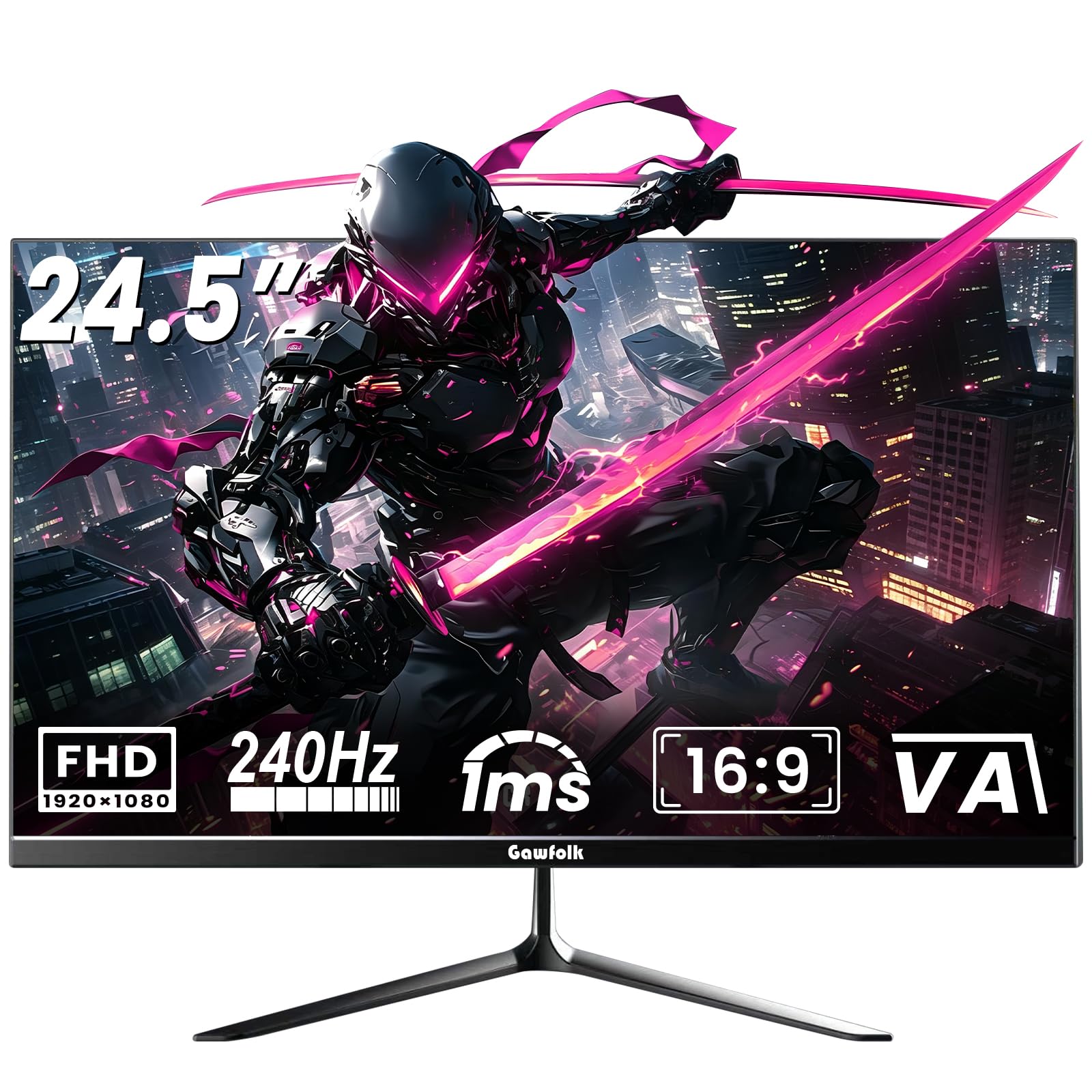 Gawfolk 24.5 Inch Gaming Monitor Flat VA Panel, 240Hz Monitor 1ms