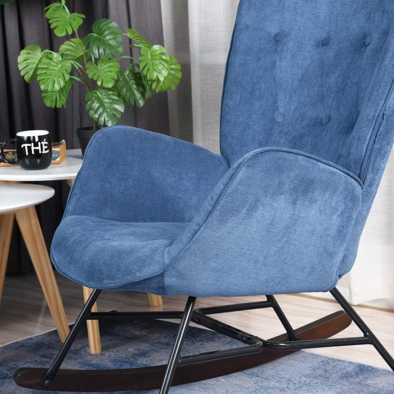 FurnitureR Rocking Wooden and Metal Rocker Glider, Scandinavian Fabric Armchair Comfy Side Living Room Bedroom Studio Leisure Office Accent Chair, Blue : Home & Kitchen