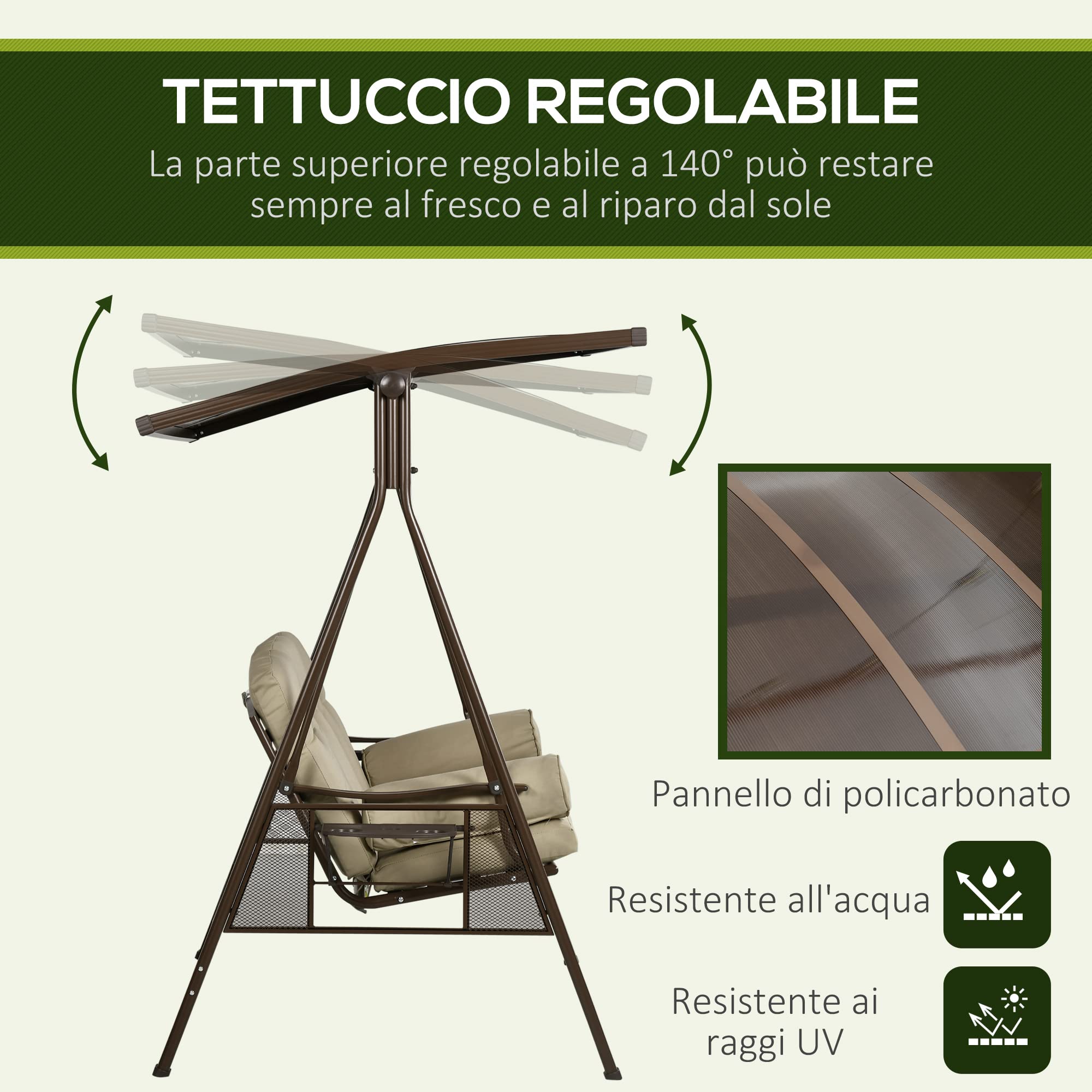 Outsunny Dondolo da Giardino 3 Posti in Acciaio e Poliestere con Tettuccio Inclinabile in PC e Cuscini per Schienale e Braccioli, 208x120x174 cm, Marrone e Kaki