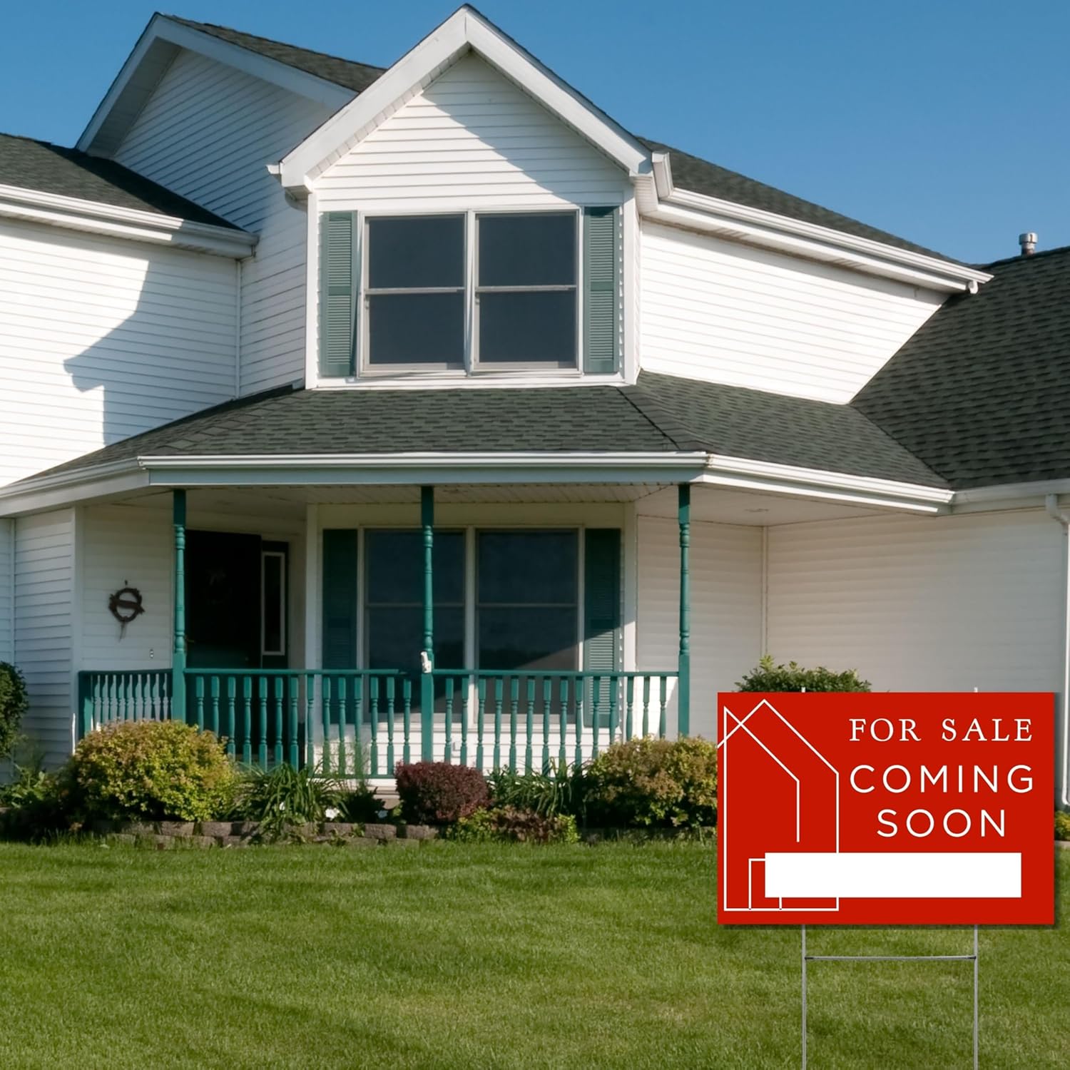 Coming Soon Real Estate Sign for Home | 12 x 17” Yard Sign with H Frame Stake Home Double Sided Open House Realtor For Sale by Owner Classy Red White Minimalist Modern
