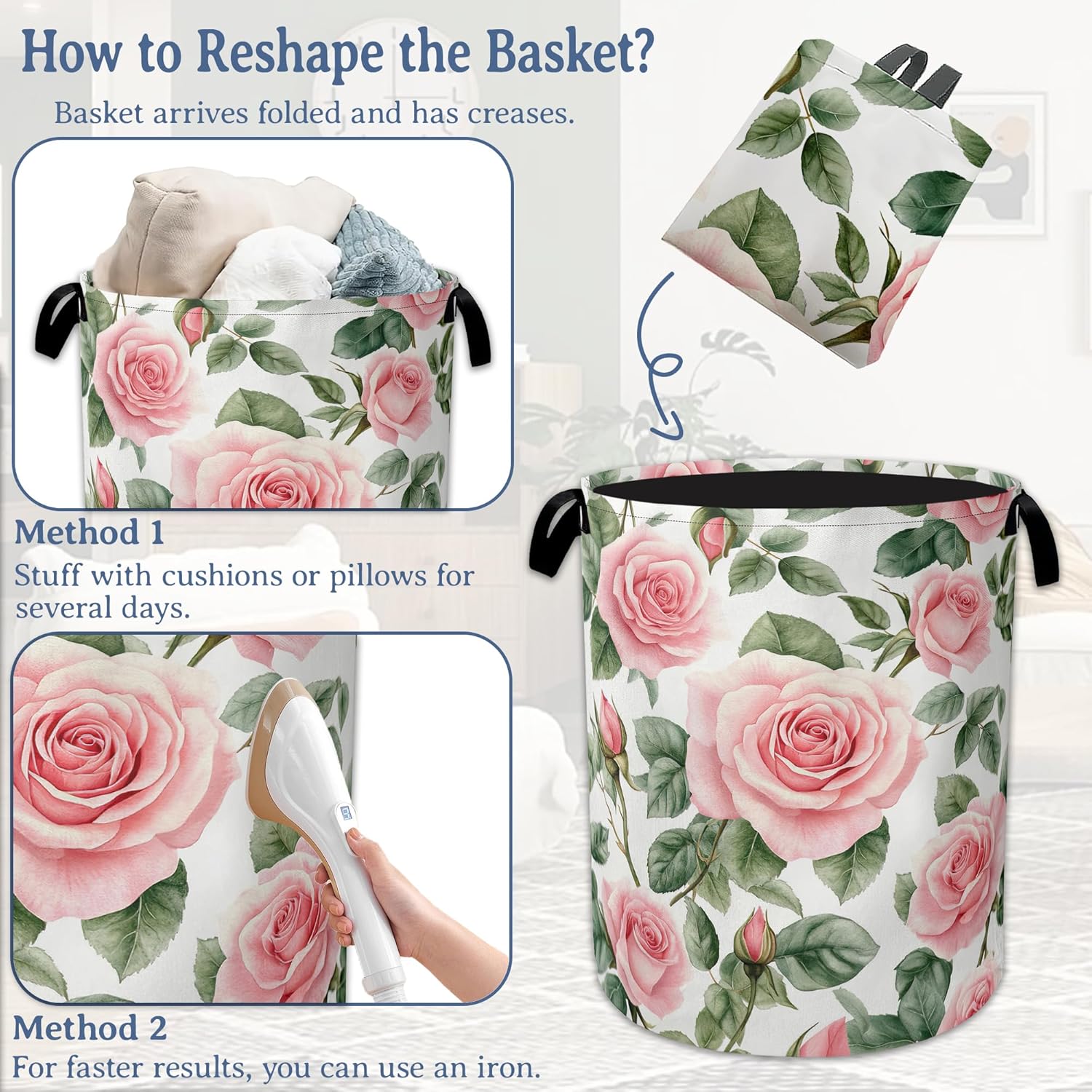 Flowers Laundry Basket,Foldable Oxford Cloth Vintage Pink Roses Laundry Hamper With Handle, 20.8"x16" Portable Clothes Storage Basket Bag for Laundry Room/Bathroom/Bedroom/Dormitories