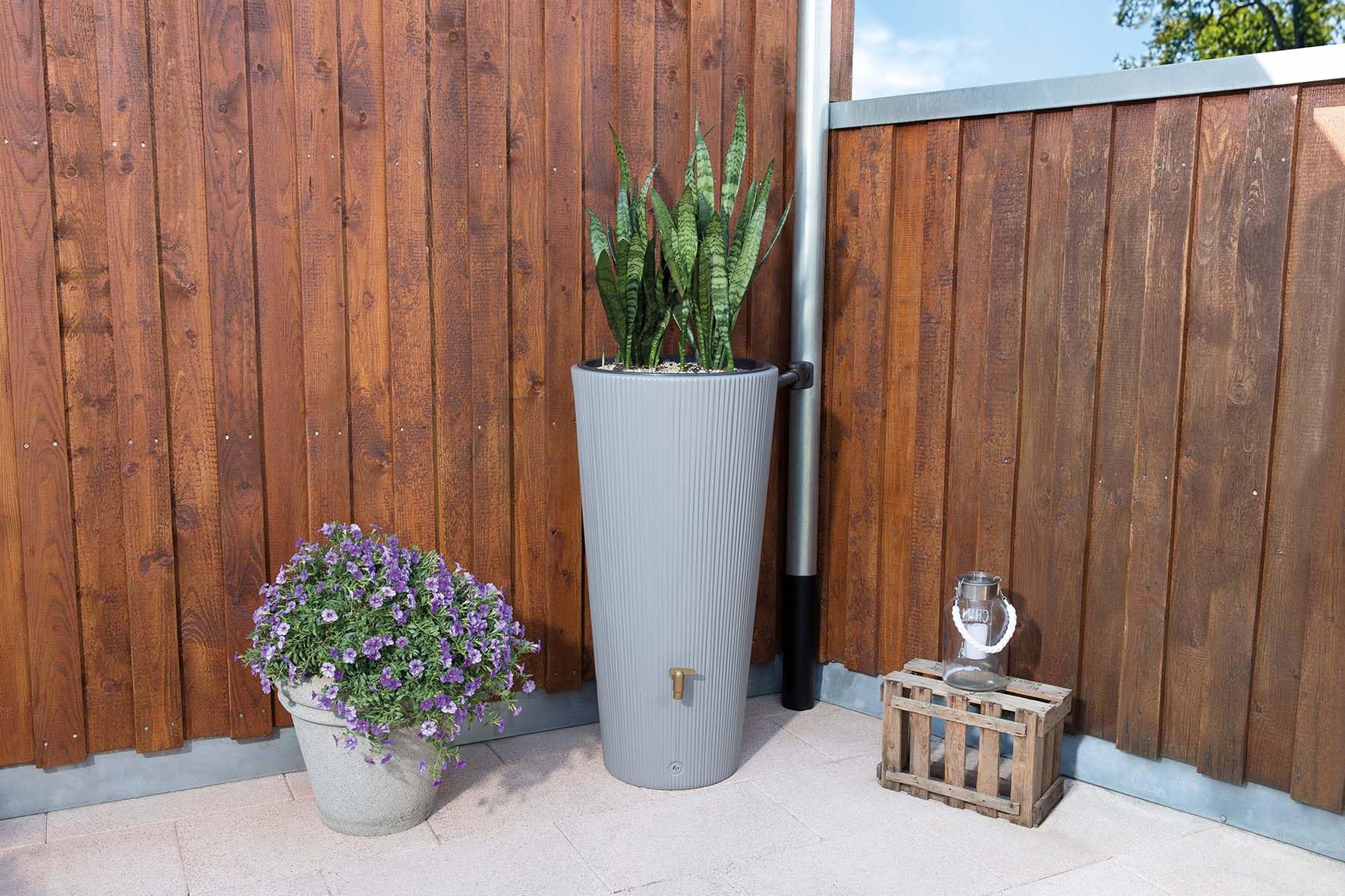4rain VASO DECOR zbiornik na deszczówkę 220 l, szary cynkowy | z misą na rośliny, 2w1, funkcjonalny zbiornik do zbierania deszczówki, idealny do ogrodu