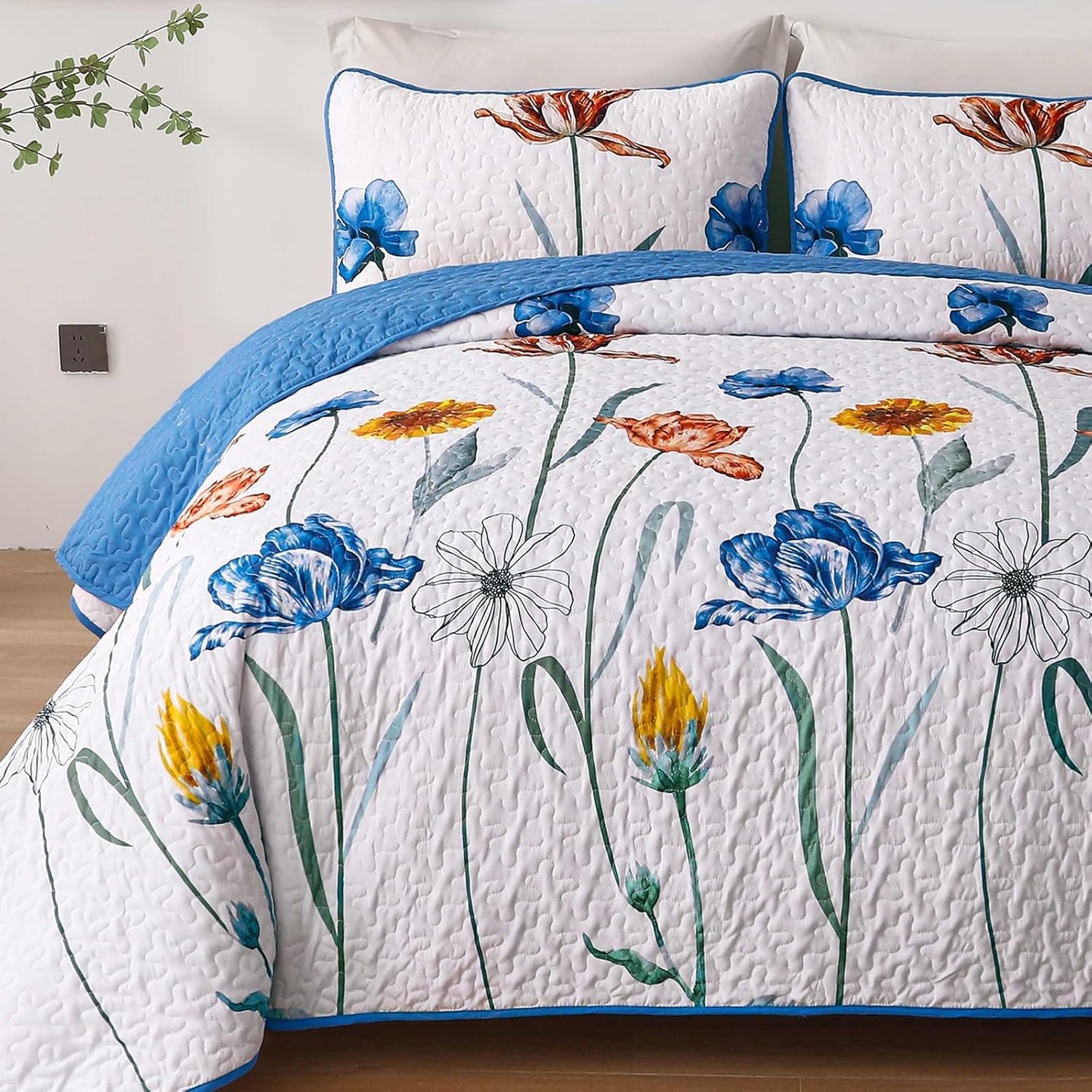 WONGS BEDDING Blue Quilt Set King Size,Cute Floral Botanical Bedspread Bedding Set with 2 Pillowcase,Lightweight Farmhouse Coverlet Set for All Season (104"x90") - Image 5