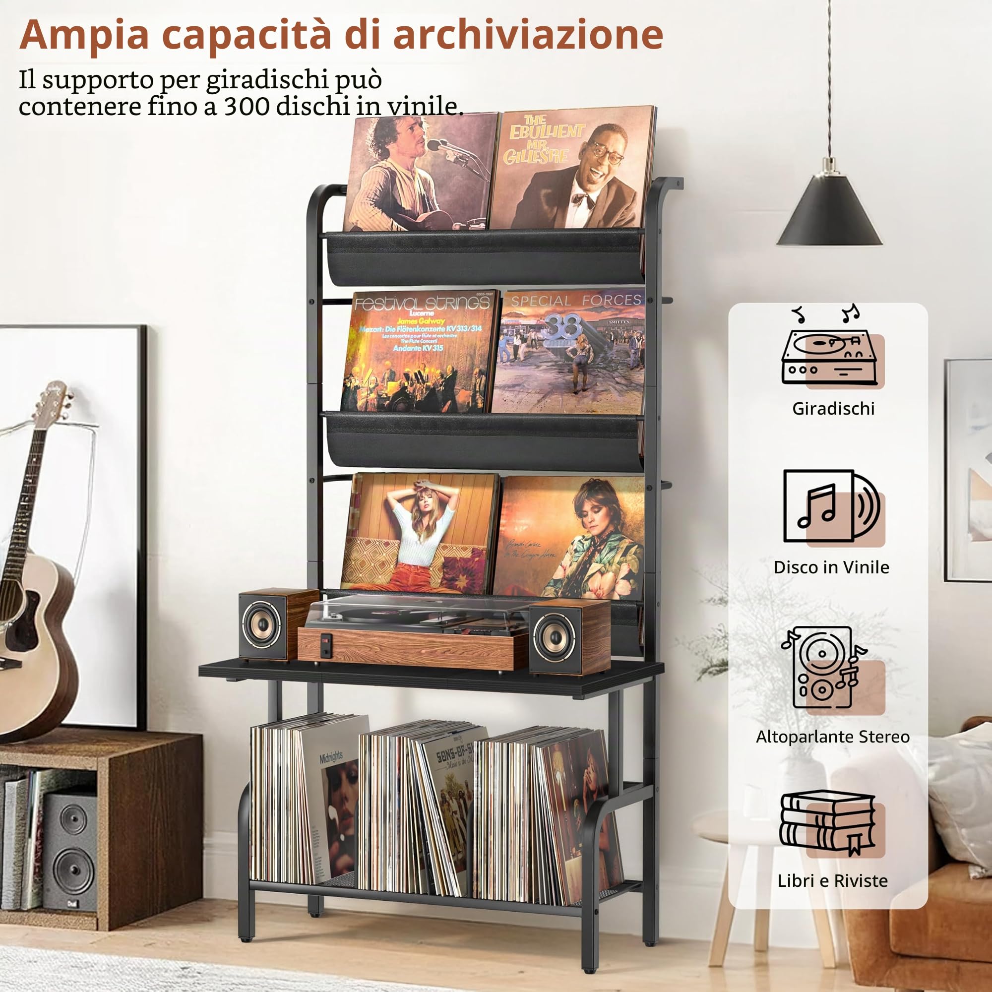 Bikoney Supporto per Giradischi con Mobiletto Porta Vinili, Archiviazione per 300 Album LP, Tavolino Multilivello con Espositore per Dischi, Mobile Robusto per Soggiorno, Nero