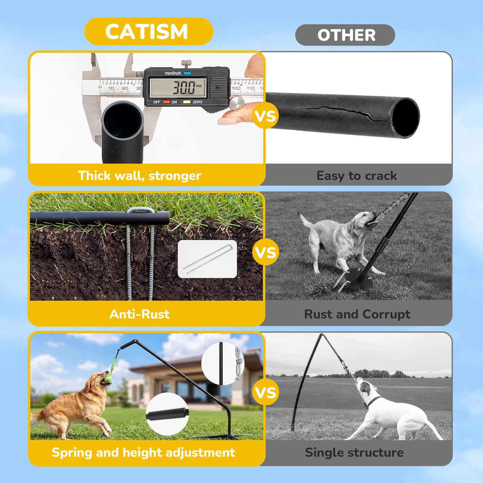 CATISM Tether Tug Dog Toy, palo a molla con paletti a terra, 89-122 cm