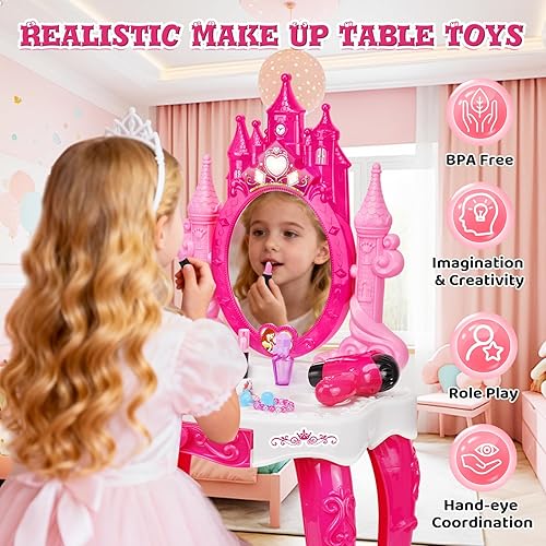 Miniatura 6 de Juego de tocador para niñas, juego de mesa de tocador y silla de maquillaje para niños pequeños, juguetes con luz musical, juego de disfraces