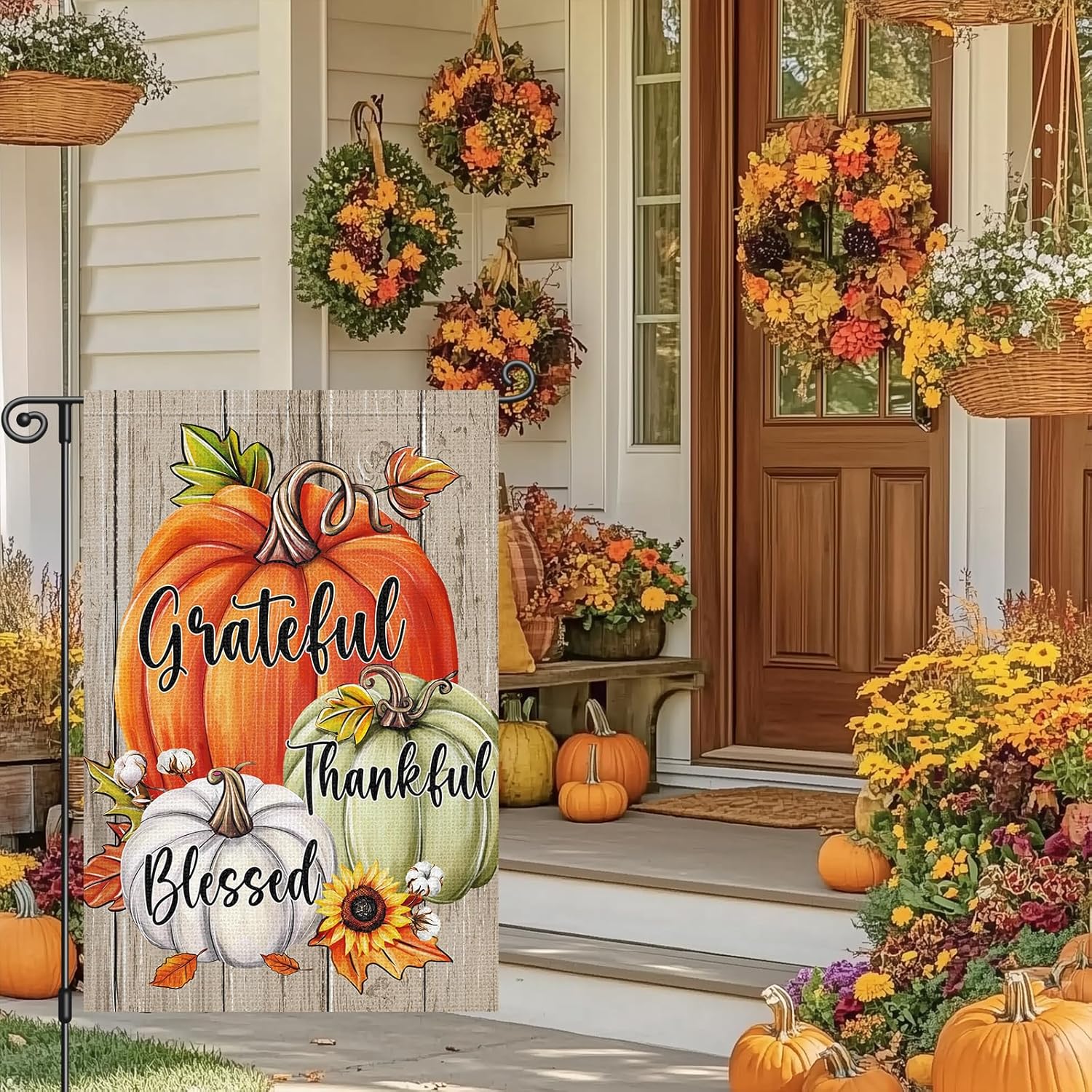 Louise Maelys Fall Garden Flag Grateful Thankful Blessed Pumpkin 12x18 Inch Double Sided Floral Sunflower Holiday Seasonal Autumn Welcome Small Burlap Yard Sign Outside Outdoor House Decoration - Image 2