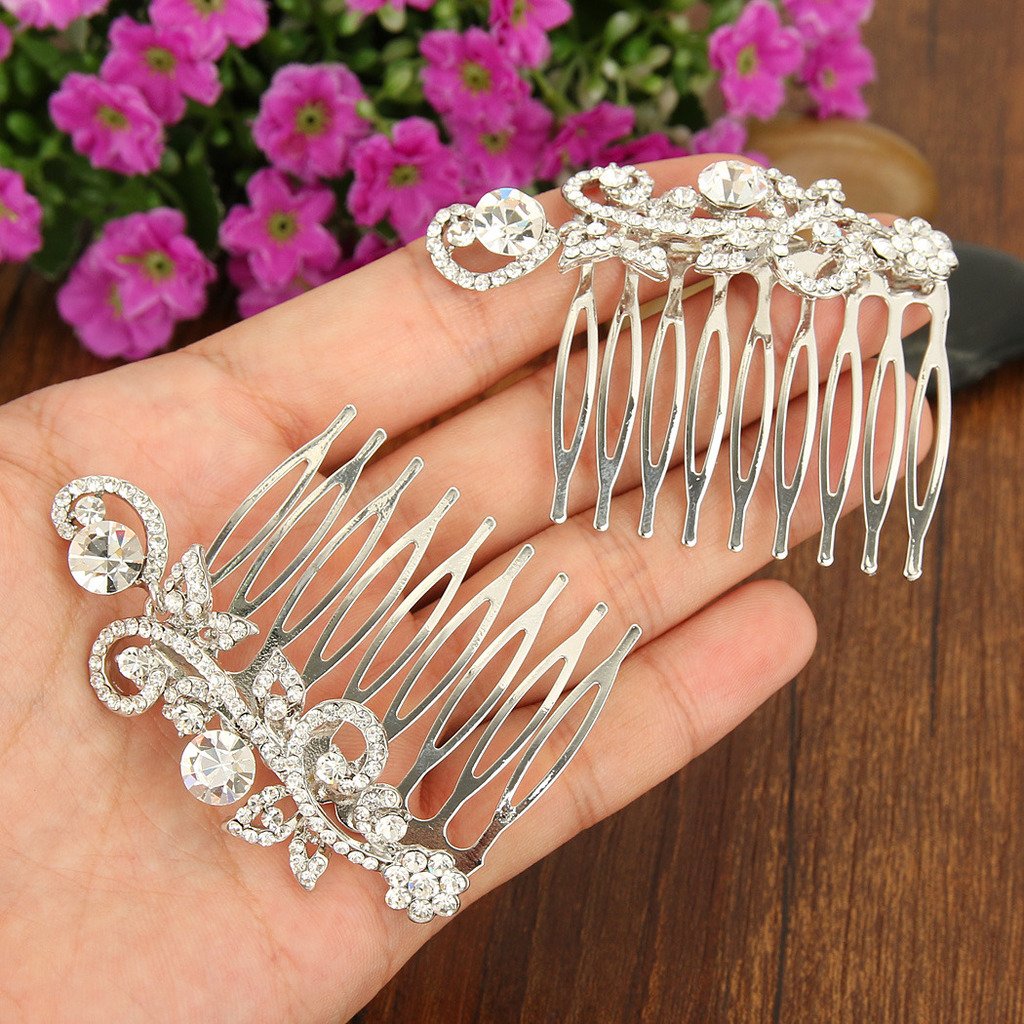 EVER FAITH Silver-Tone Austrian Crystal Wedding Floral Leaf Vine Hair Comb Set of 2 Clear