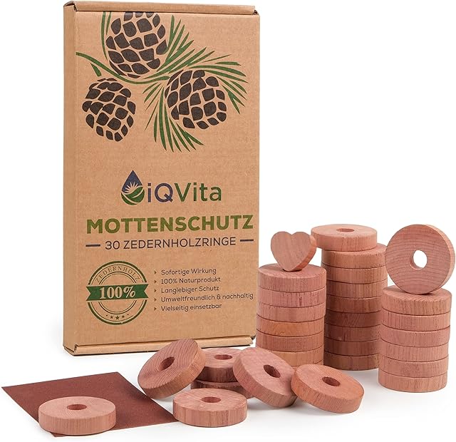 iQVita Naturalne krążki chroniące przed molami, 30 sztuk, z drewna cedrowego, w 100% produkt naturalny, do szafy na ubrania, biopułapka na mole, bez chemii