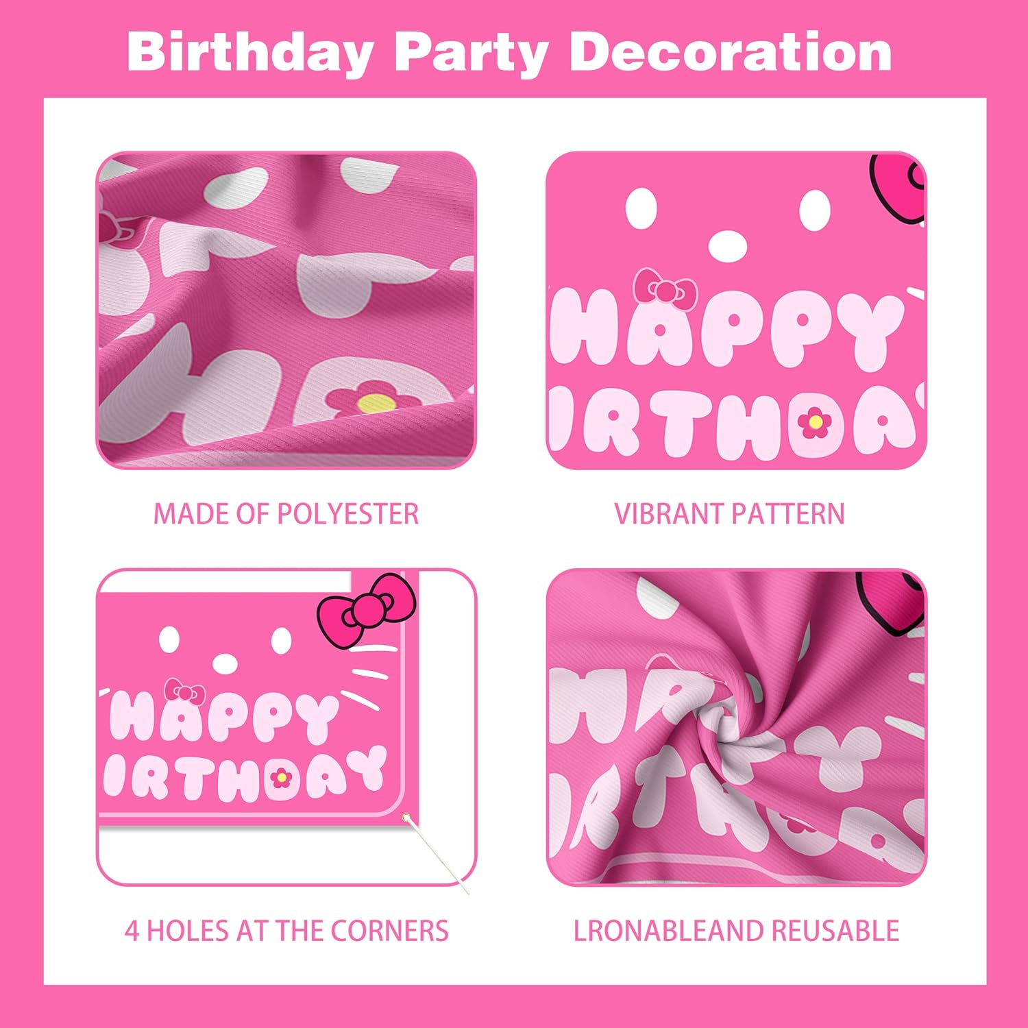 Birthday decorations for girls,Happy Birthday Banner, 35 Balloons,Pink bow Foil Balloon,Photo Booth Props for women (Pink Cat)