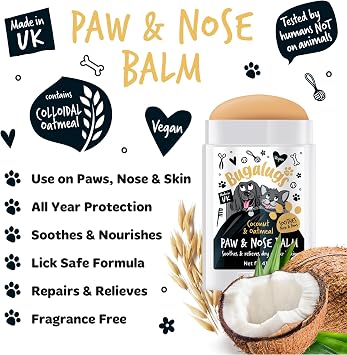 BUGALUGS Dog nose balm, Natural lick safe Paw balm for dogs contains Oatmeal, Dog paw cream Vegan formula nose balm for dogs helps and soothes itchy skin(Coconut & Oatmeal 41g)