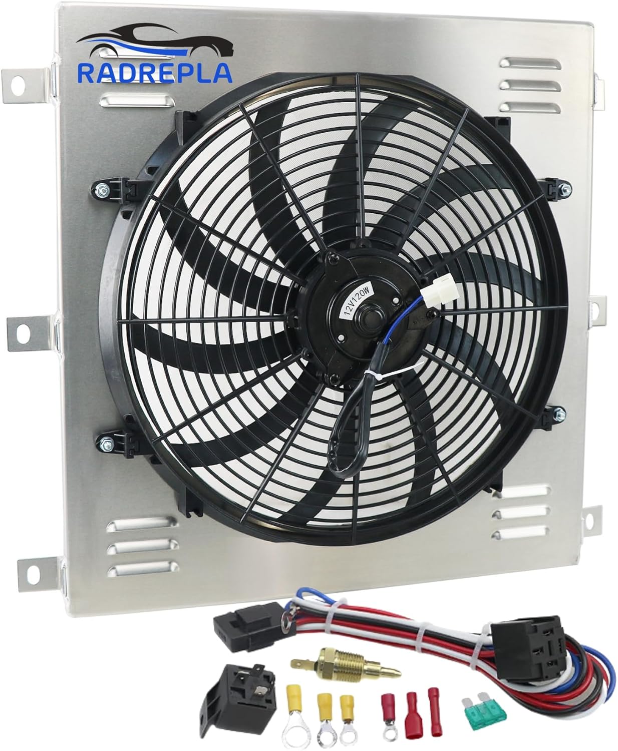 CC5100 Aluminum Radiator Shroud with Electric Fan for 1947-1954 Chevy Truck 3100 3600 3700 3.5L 3.8L L6 1x16" Fans Thermostat Relay Kit 1947 1948 1949 1950 1951 1952 1953 1954 48 49 50 51 52