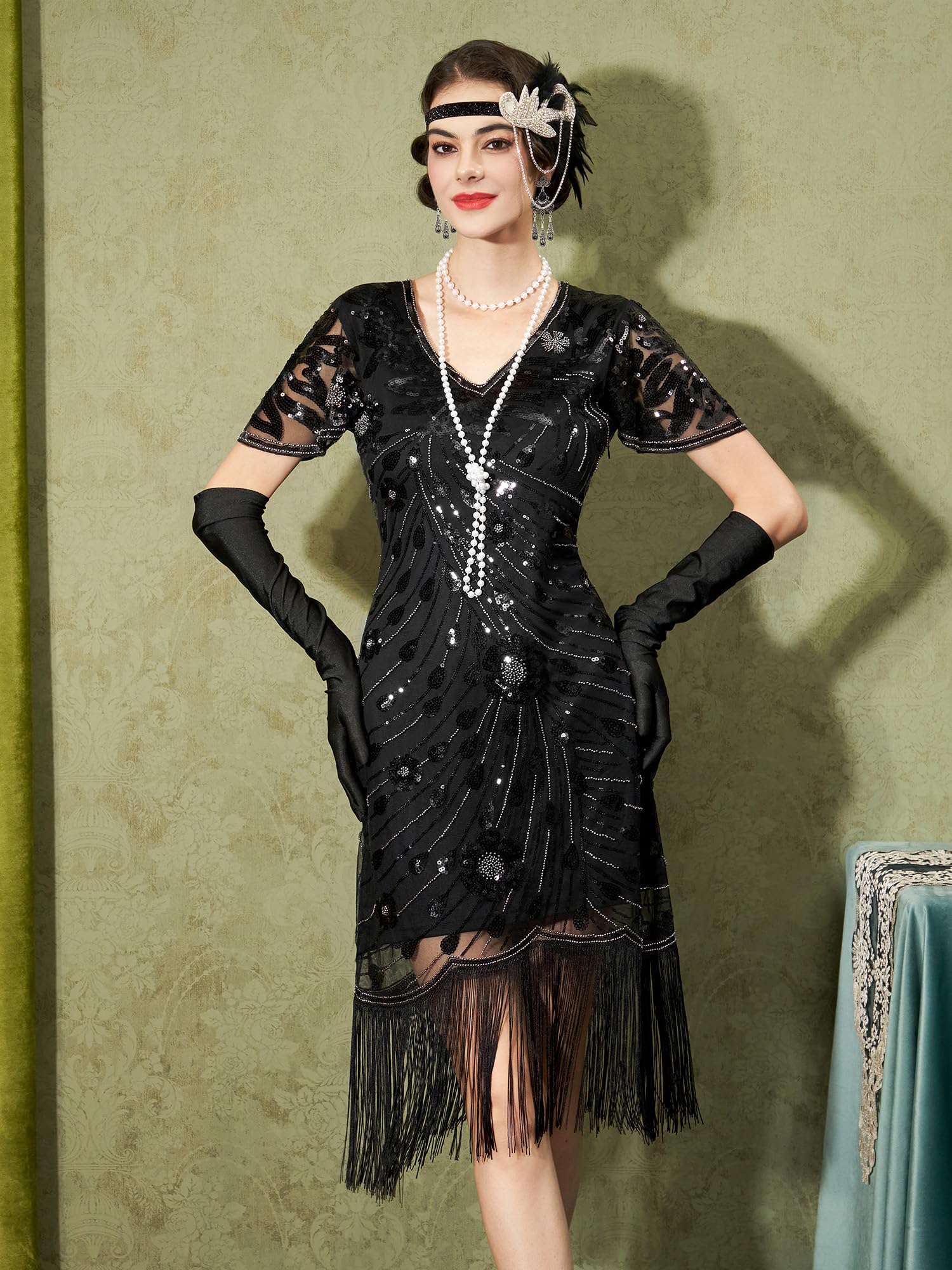 YESSA 20er Jahre Kostüm Damen, Gatsby Kleid Damen mit 20er Jahre Kleid Accessoires, Charleston Flapper outfit
