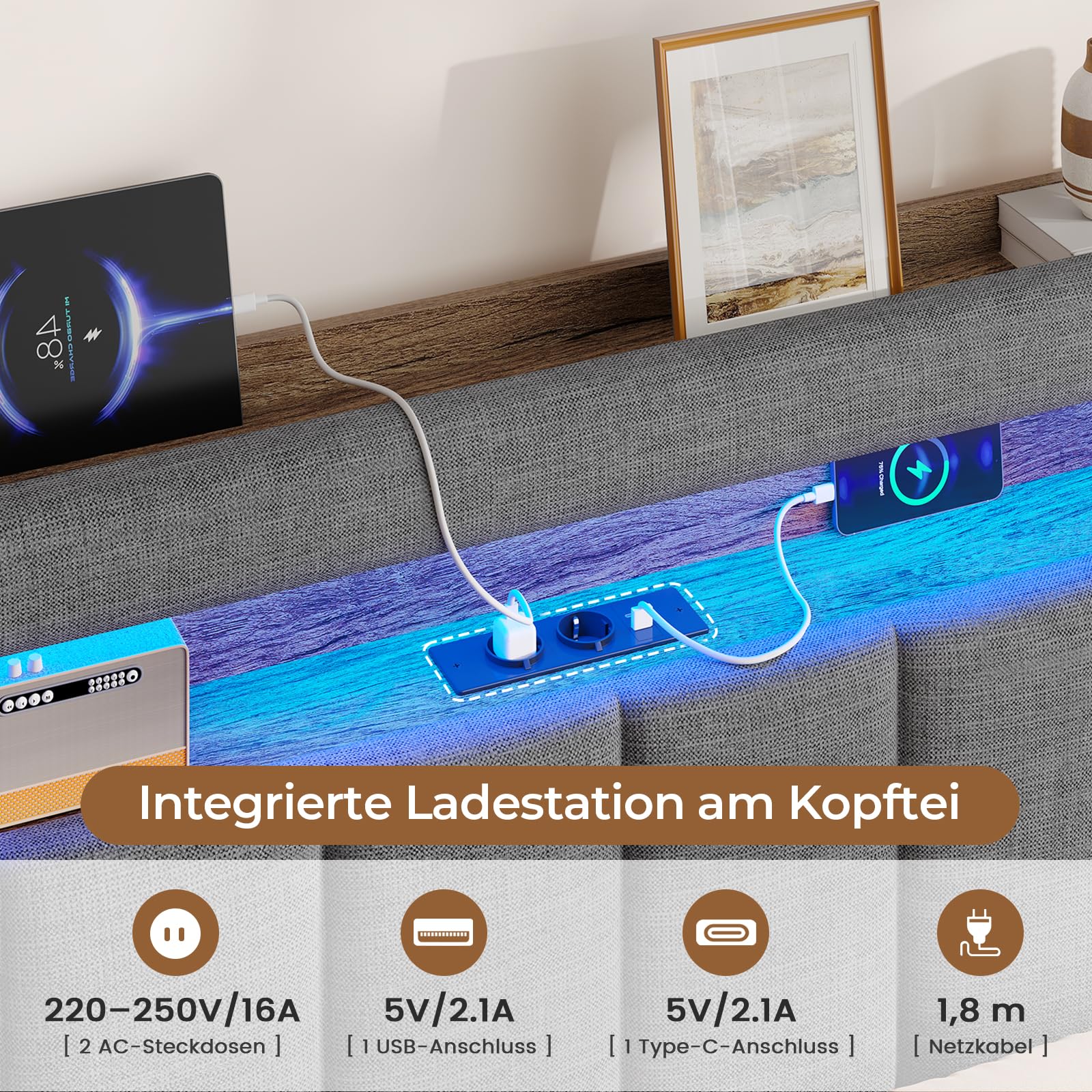 AGOLLATI Letto Matrimoniale con Contenitore 140x200 Struttura Letto matrimoniale con LED e Stazione di Ricarica, Letto Contenitore Idraulico Struttura Letto Imbottito con Testiera Lino Grigio Scuro