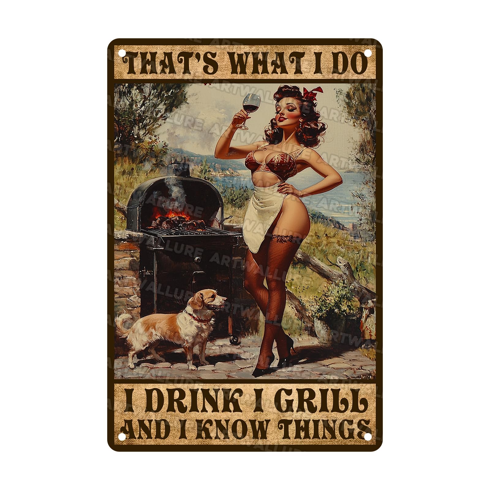 BBQ Girl Iron Painting Metal Poster Vintage Wall Art I Drink I Grill I Know Things Retro Tin Plaque Man Cave Garage Bar Decor 8x12Inch