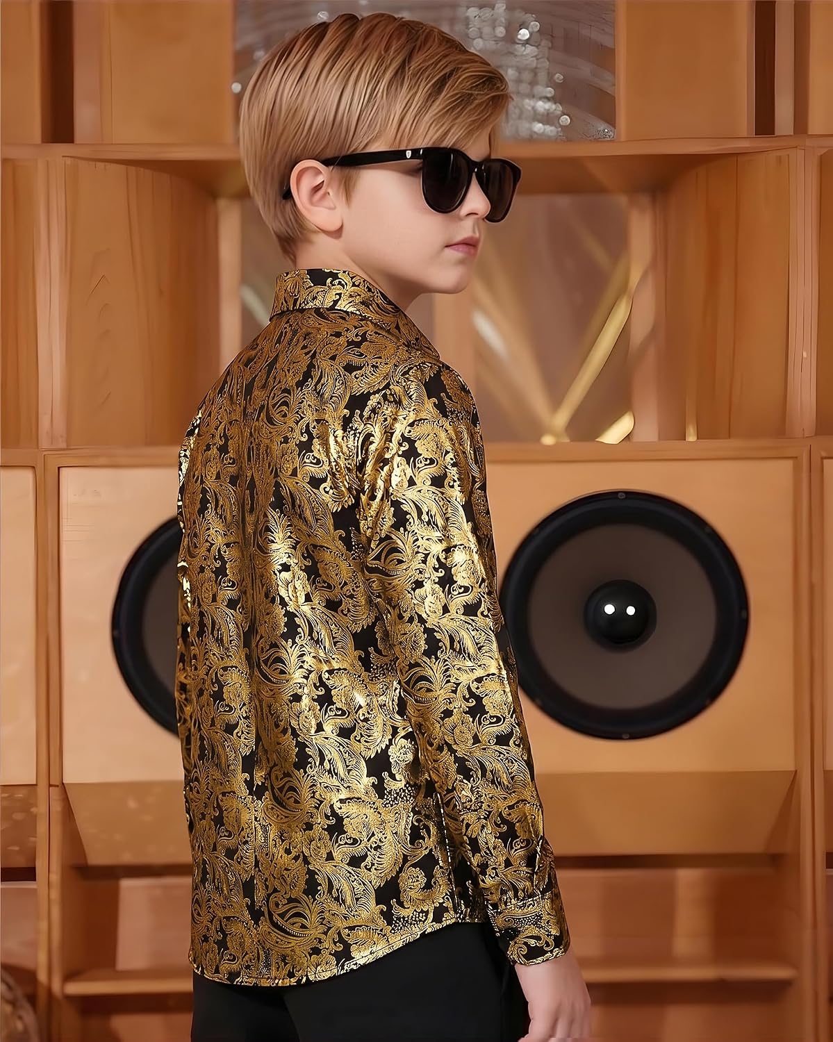 Hi-Tie Boys Shiny Metallic Print Shirt Long Sleeve Button Down Dress Shirts