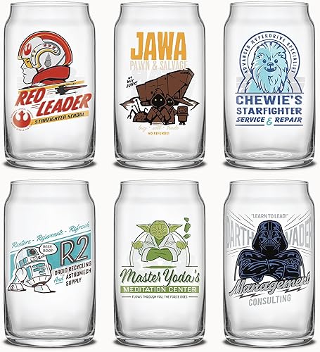 JoyJolt Star Wars Retro Vintage Collection - Vasos de vidrio de 16.9 onzas, con Darth Vader, R2D2, Yoda, Chewbacca, Red Leader, Jawa, Juego de 6