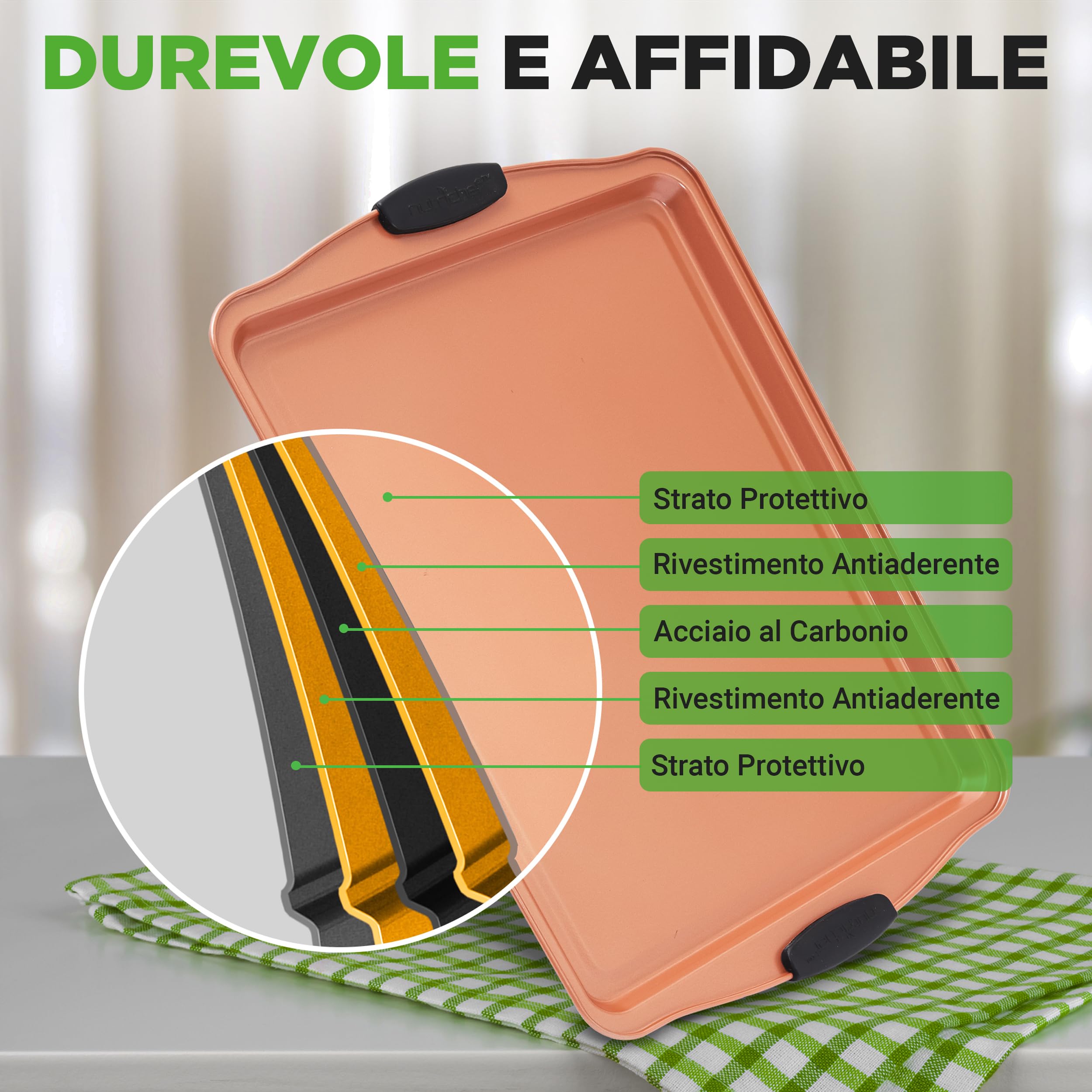 NutriChef Set 5 Teglie da Forno Antiaderente, Biscotti Impilabili, Teglia Arrosto Coperchio, Maniglie Silicone, Facili da Pulire, Rame