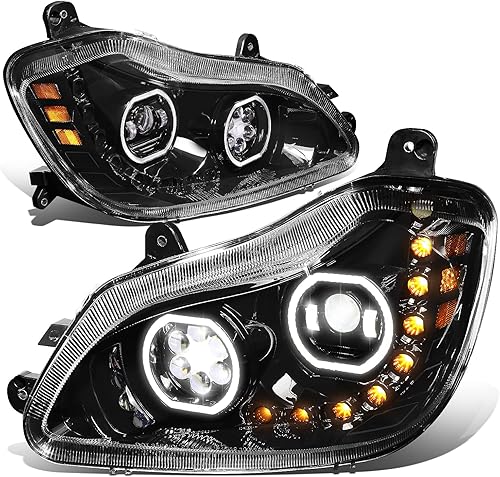 DNA MOTORING HL-HAY-010-BK - Par de anillos de halo LED duales, faros delanteros de señal de giro secuencial, haz altobajo, compatible con Kenworth