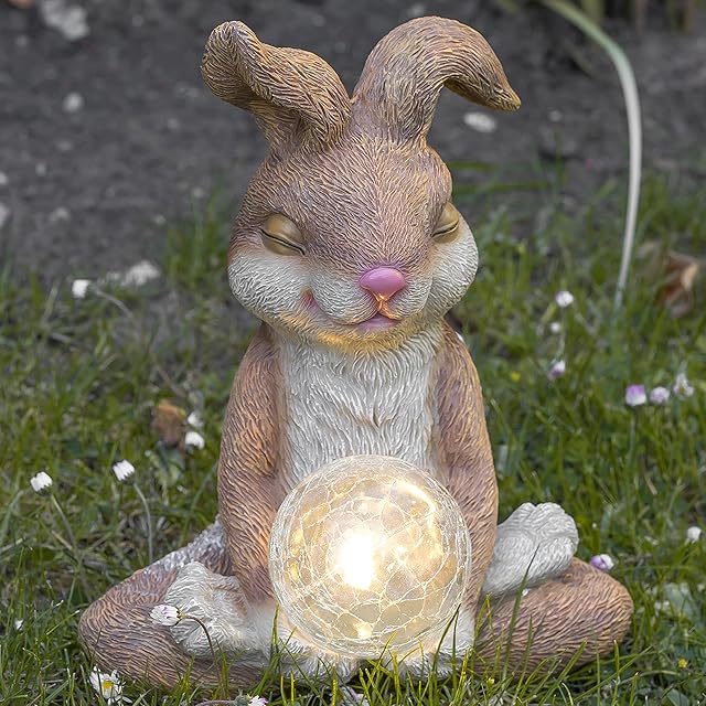 GloBrite Garden Ornament Solar Rabbit With Crystal Ball Figurine - Garden Statue Sculpture Solar Powered Lights Animal Figurine for Yard Lawn Home Decoration Gift