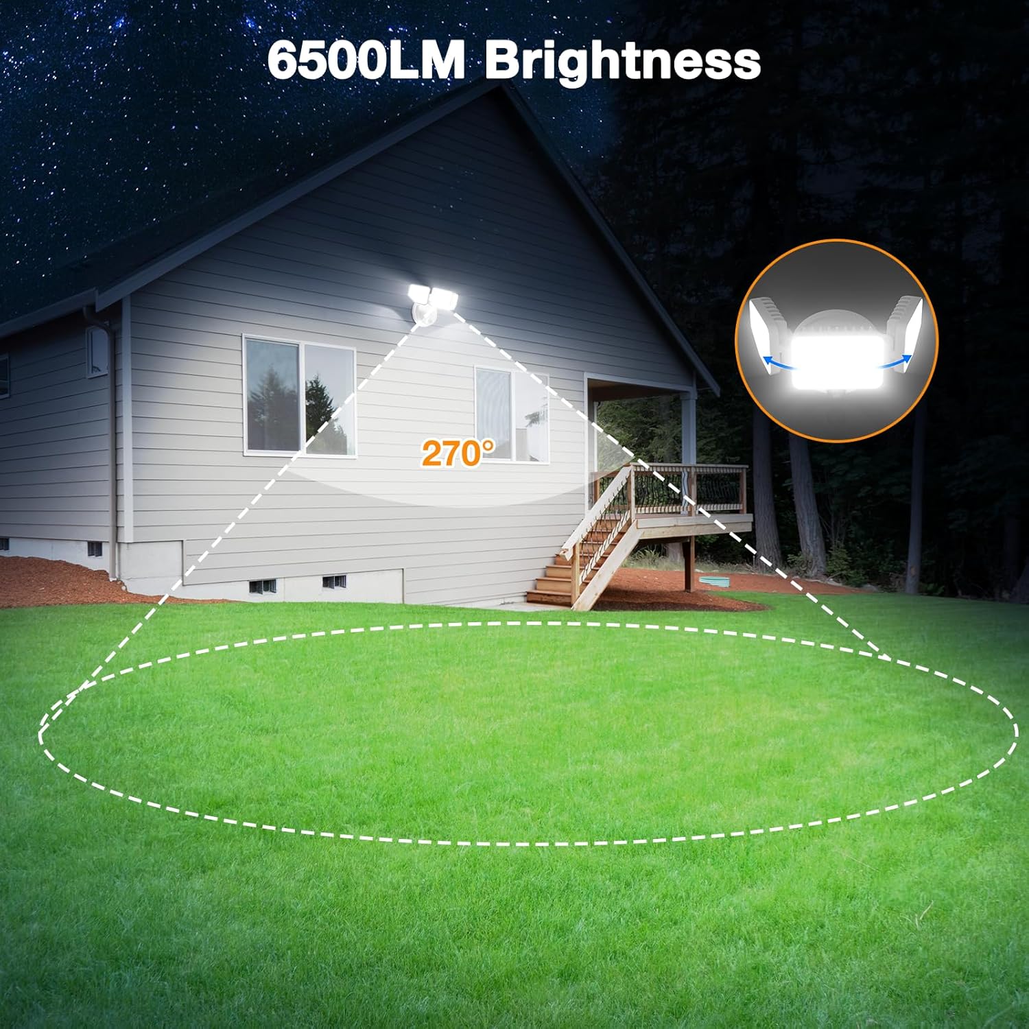 65W Dusk to Dawn Flood Lights Outdoor, 6500LM LED Outdoor Light, IP65 Waterproof, 6500K Daylight, 3 Adjustable Heads LED Security Light with Photocell for Yard Garage Porch White