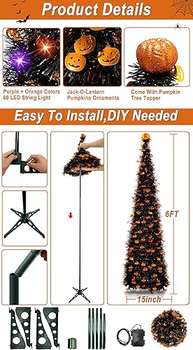 Miniatura 3 de Temporizador  6 pies 60 LED de oropel decoración de árbol de Halloween con luces naranjas y moradas, 8 modos de funcionamiento negro, árbol de