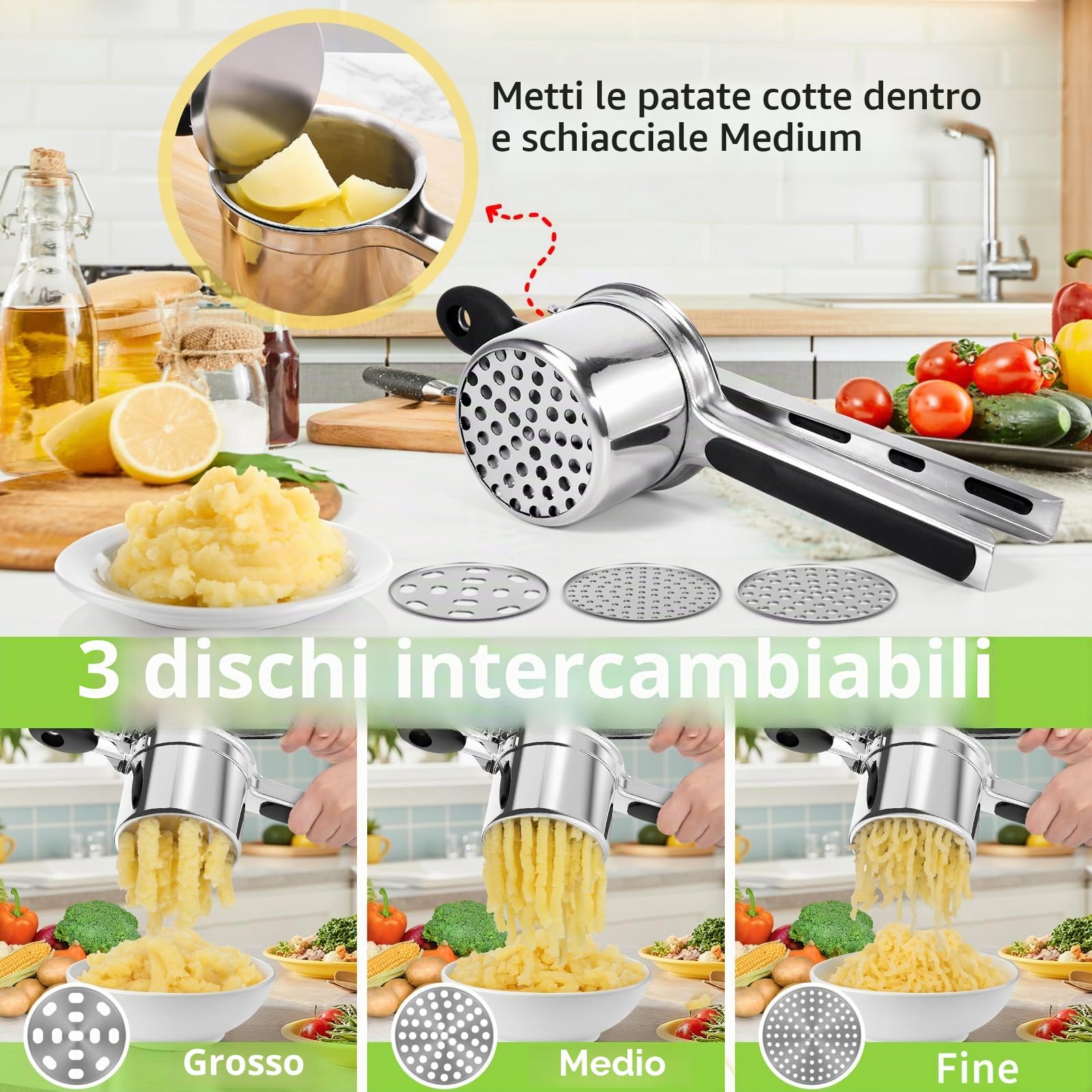 CIRULLI schiacciapatate,schiacciapatate Acciaio inox a tre Maglie Intercambiabili,torchio per Melanzane in Acciaio inox per Preparare Purè di Patate,Puree e Succhi di Verdure lisci come Spremiverdure