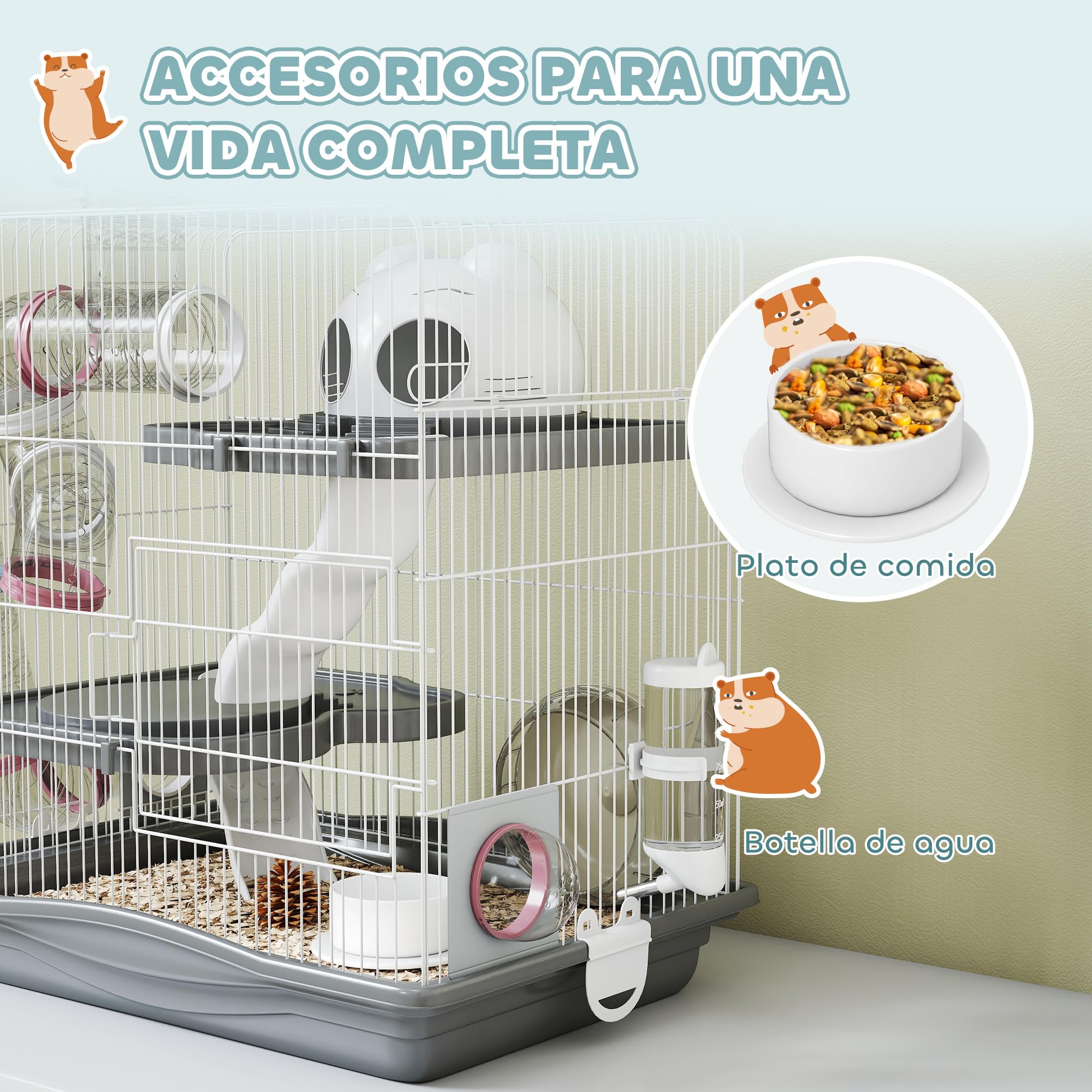 PawHut Jaula para Hámster, 45x30x45 cm, Casa para Animales Pequeños con Túnel, Plataformas, Cuenco, Bebedero, Casita, Rampas y Rueda de Ejercicio, para Hámsteres Enanos, Jerbos, Gris
