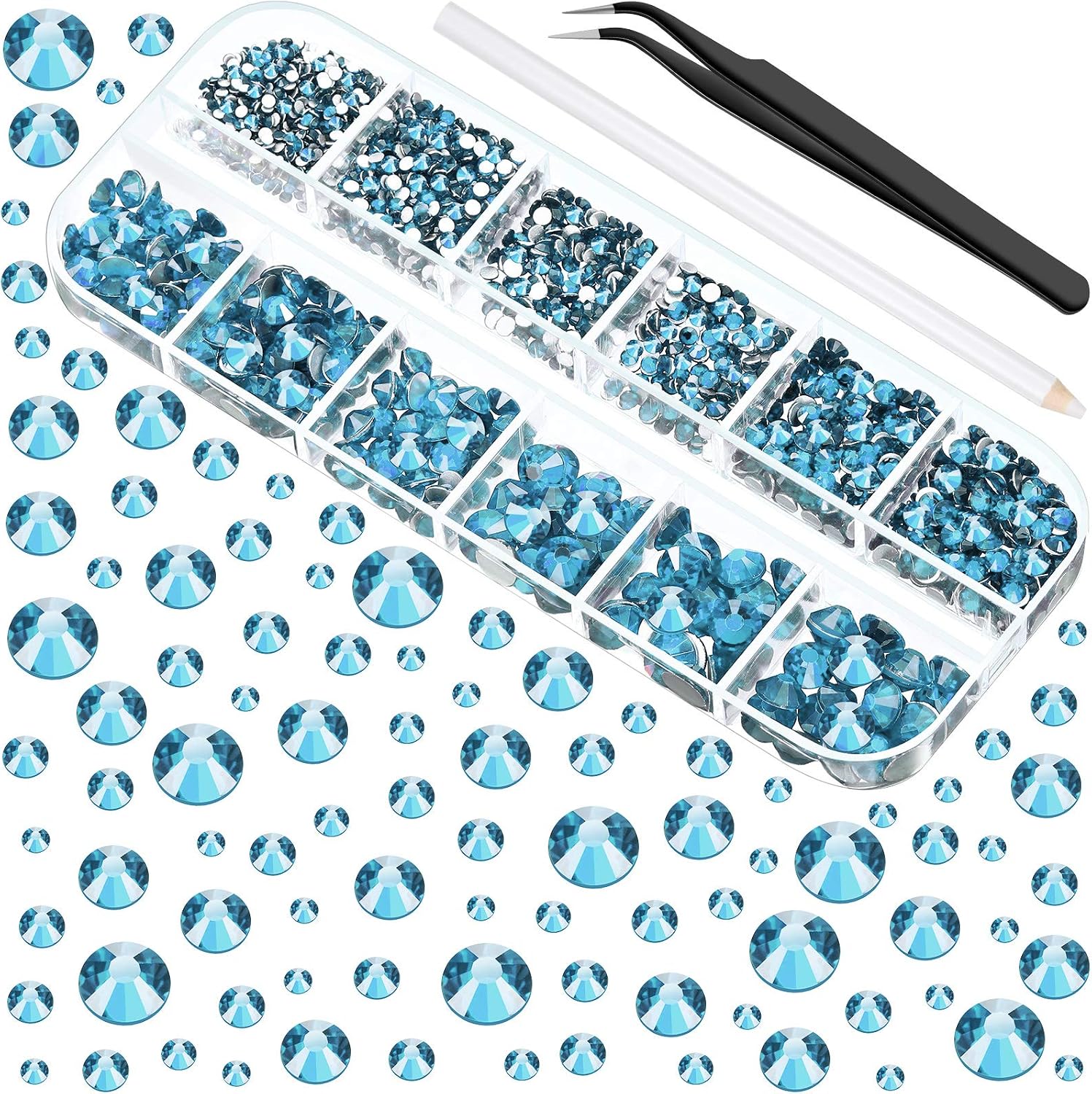 2000 Pieces Flat Back Gems Round Crystal Rhinestones 6 Sizes (1.5-6 mm) with Pick Up Tweezer and Rhinestones Picking Pen for Crafts Nail Face Art Clothes Shoes Bags DIY (Lake Blue)