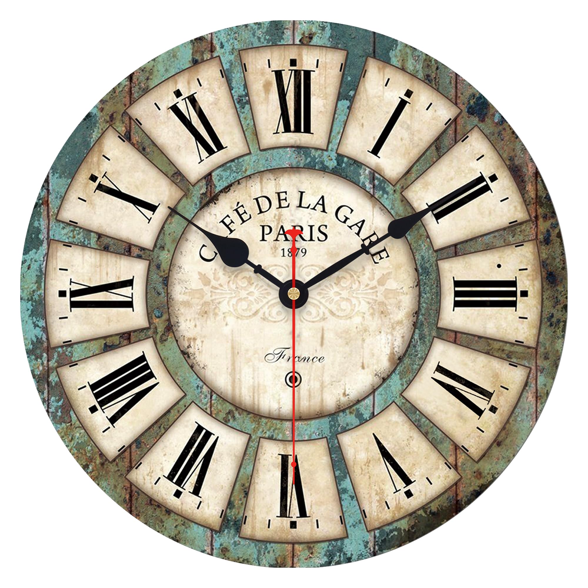 VIKMARI Reloj de Pared 34cm Silencioso, Madera Rústica para Salón Comedor | Motor silencioso de cuarzo sin tictac. Diseño rústico con números romanos en madera MDF, ideal para tu salón o comedor.