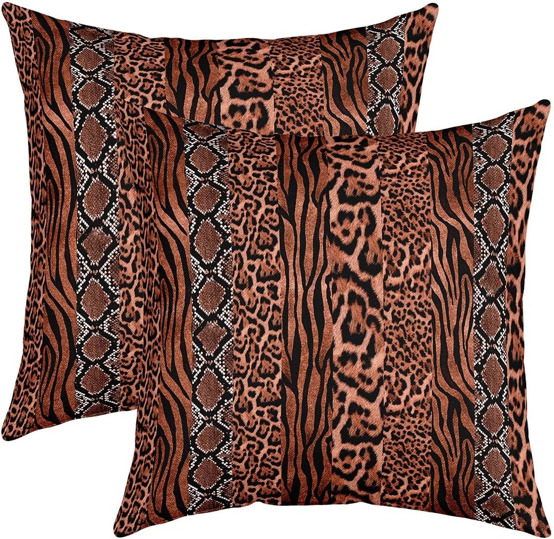 African Cheetah Skin Pillow Covers for Kids Teens Set of 2,Retro Western Animals Skin Zebra Tiger Throw Cushion Covers 20"x20",Brown Crocodile Skin Print Room Decor Cushion Cases for Couch and Bed