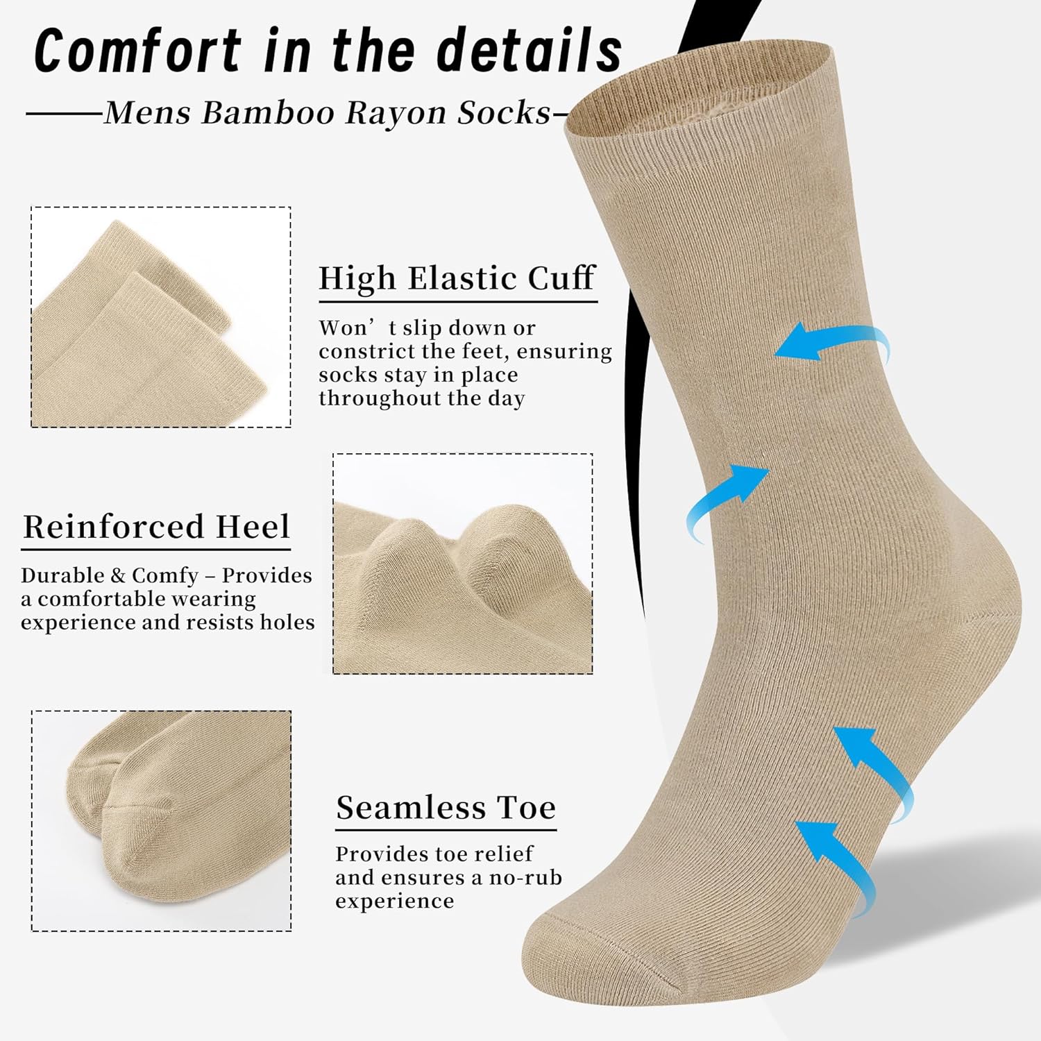 Mens Bamboo Rayon Dress Socks,Mid Calf,Moisture Wicking,Anti-Odor,Durable White Crew Socks for Men Size 10-13 - Image 4